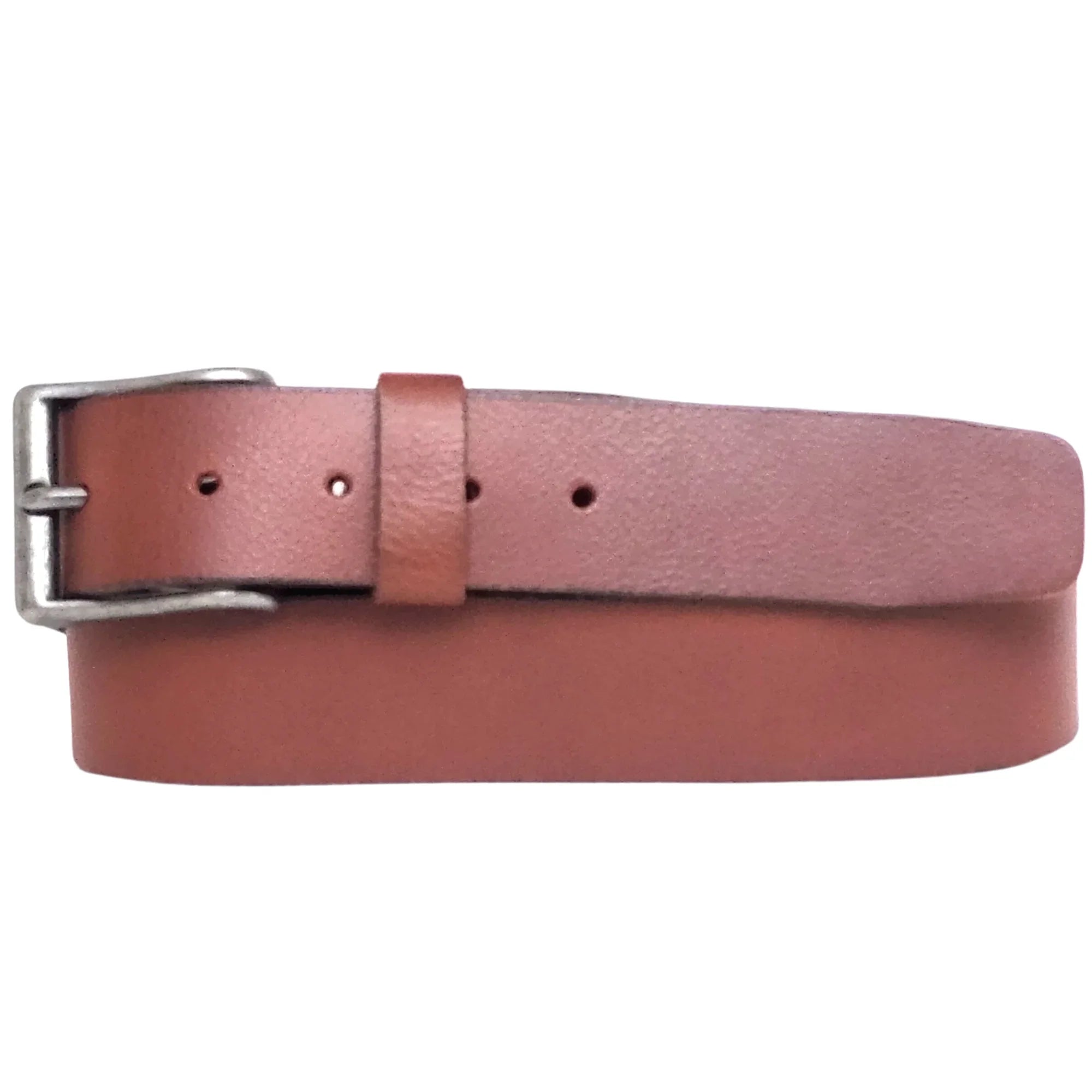 Brown leather belt with silver buckle, isolated on white background