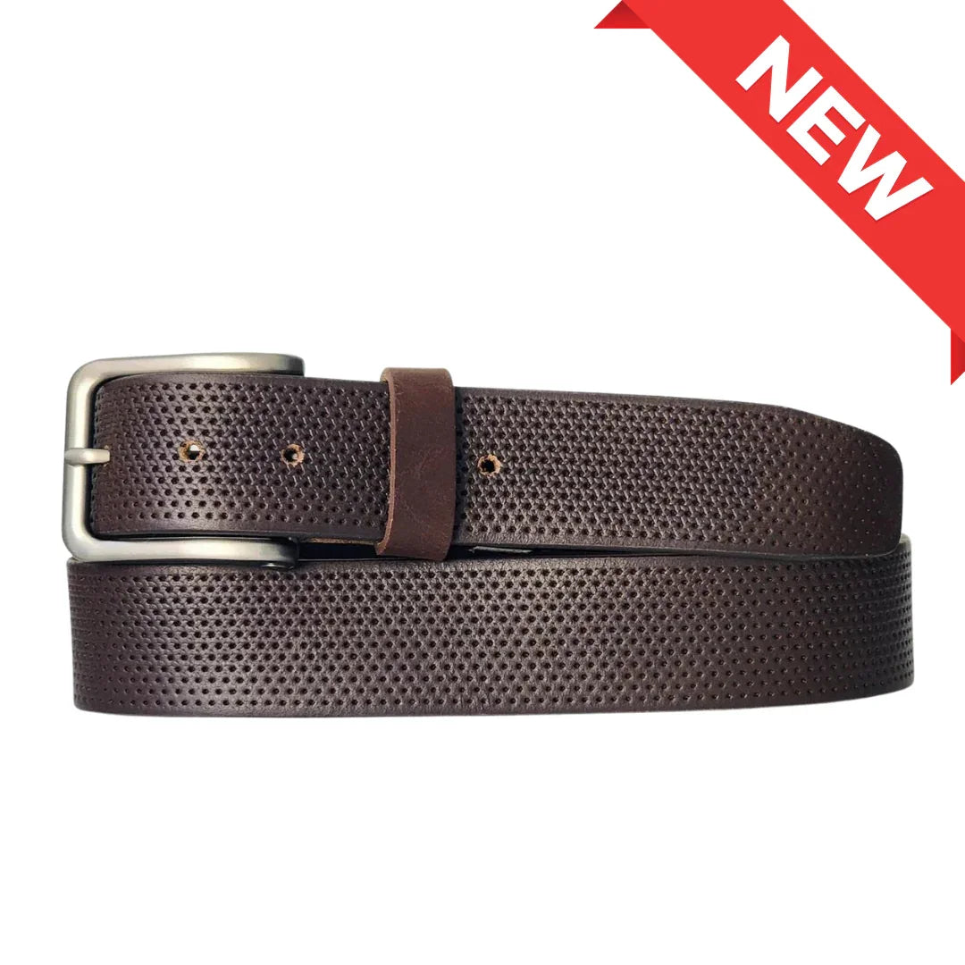 New dark brown perforated leather belt with silver buckle on white background