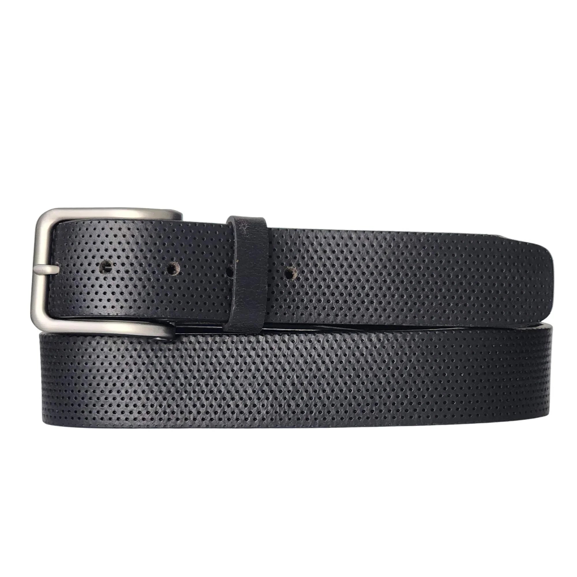 Black perforated leather belt with silver buckle on white background