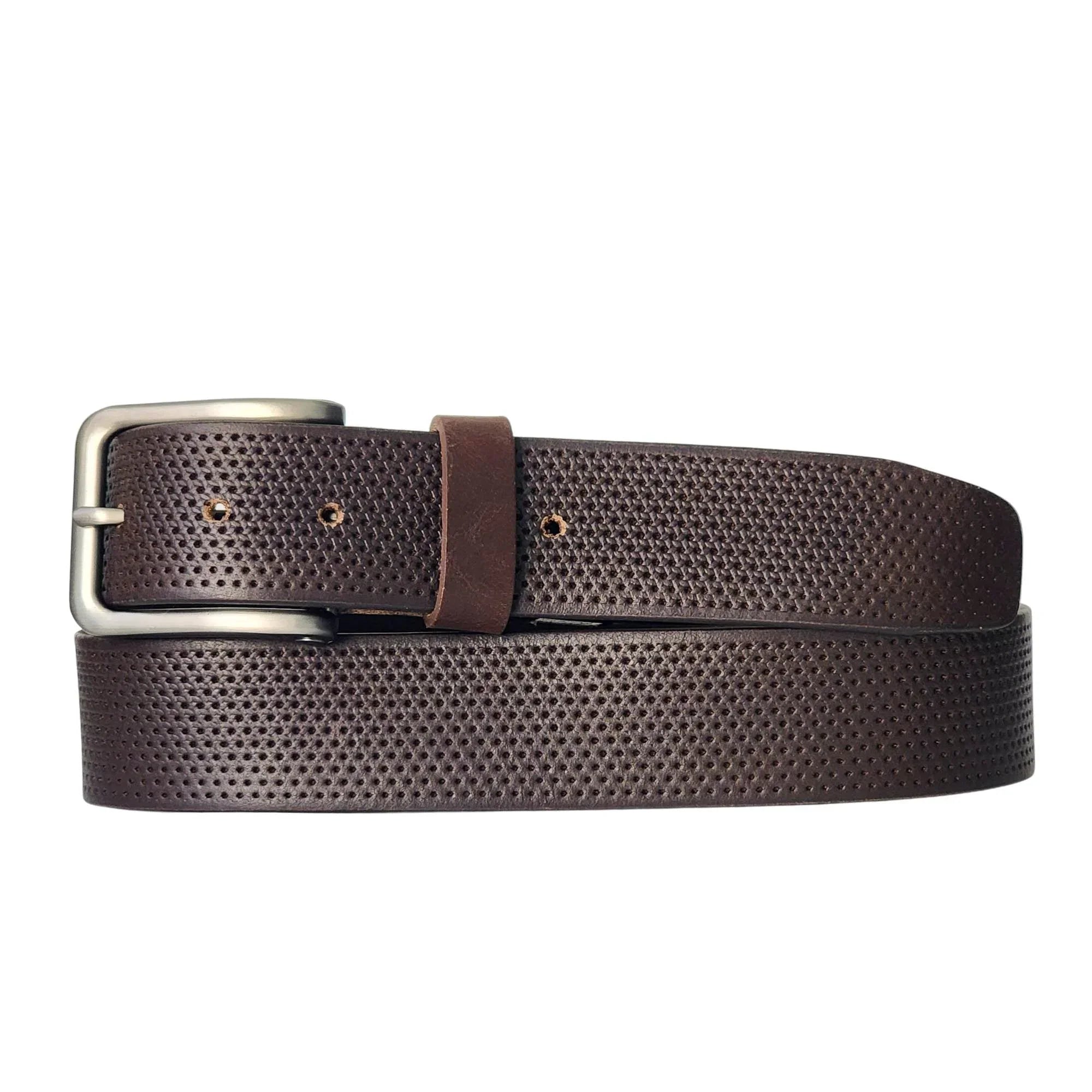 Brown perforated leather belt with silver buckle on white background