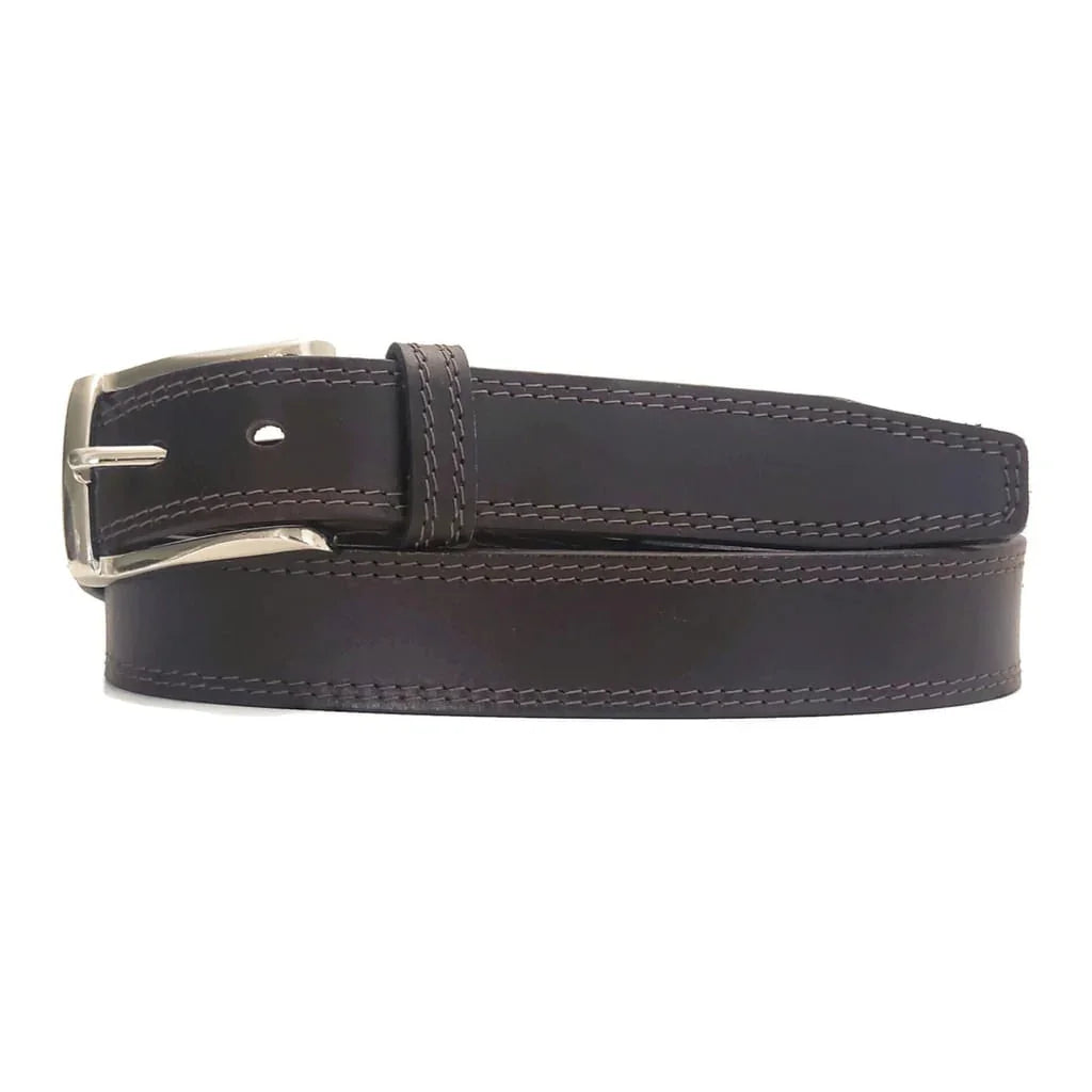 Formal brown leather belt with silver buckle and contrast stitching on white background
