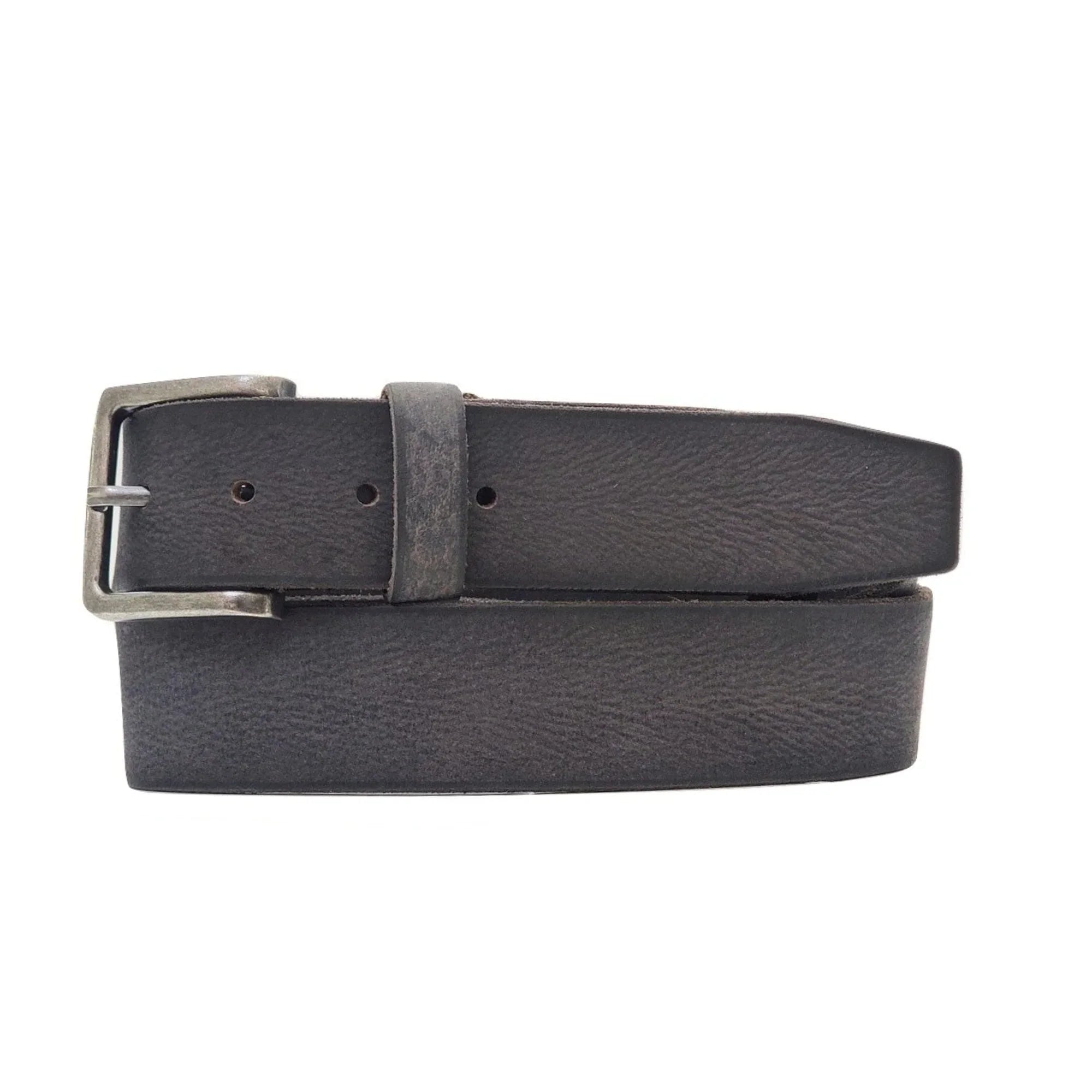 Black leather belt with antique silver buckle, laid flat on white background