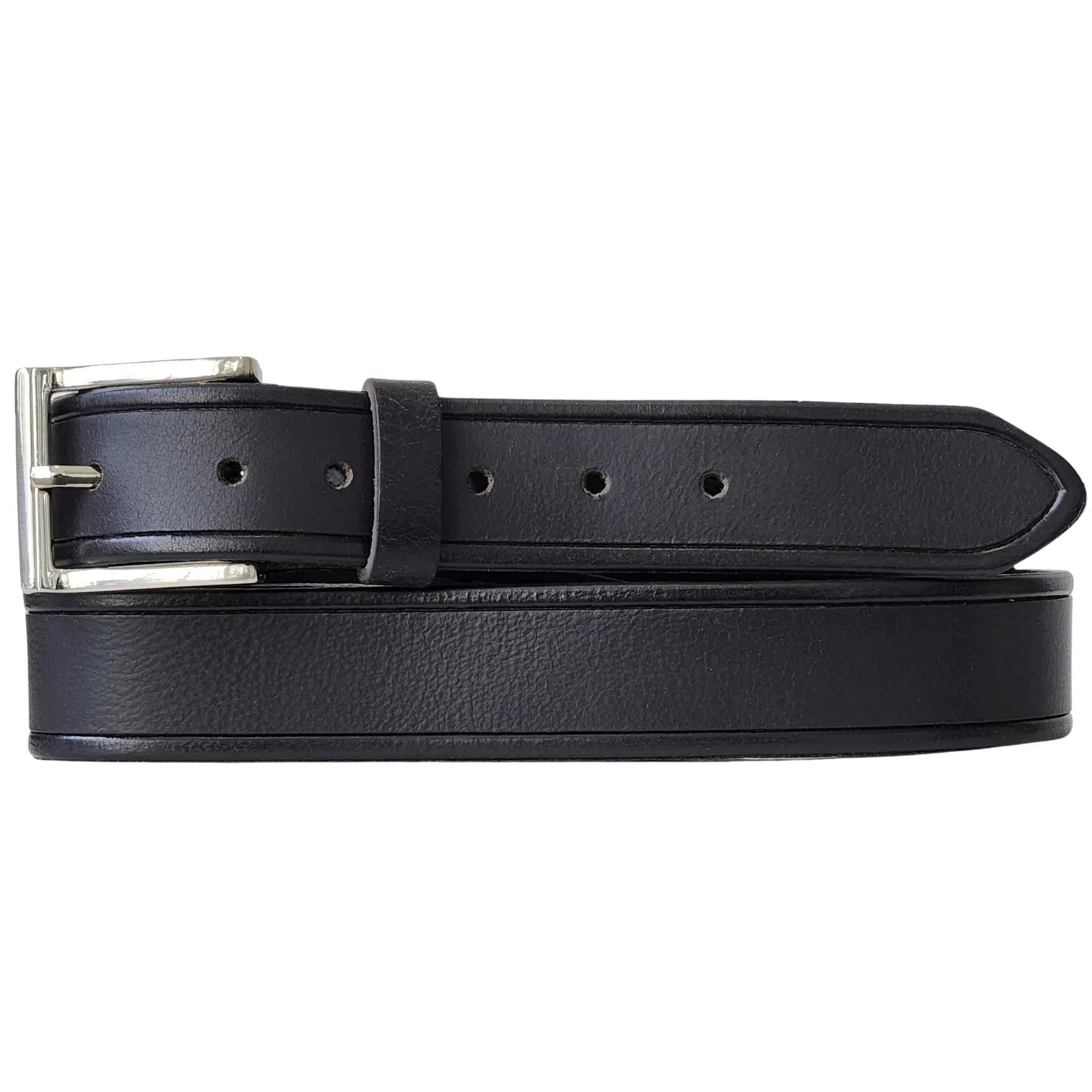 Black leather belt with silver buckle, classic men's accessory on white background