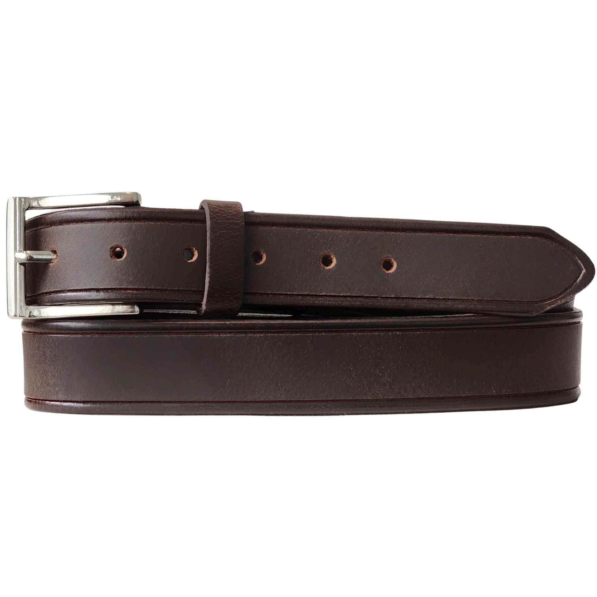 Dark brown leather belt with silver buckle on white background