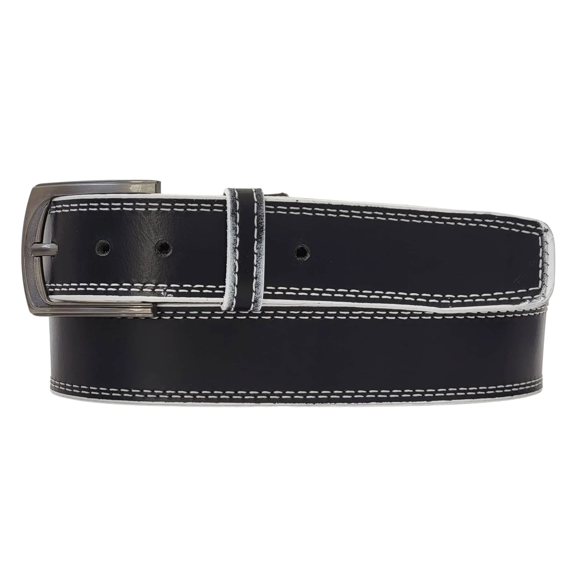 Black leather belt with white stitching and silver buckle on white background