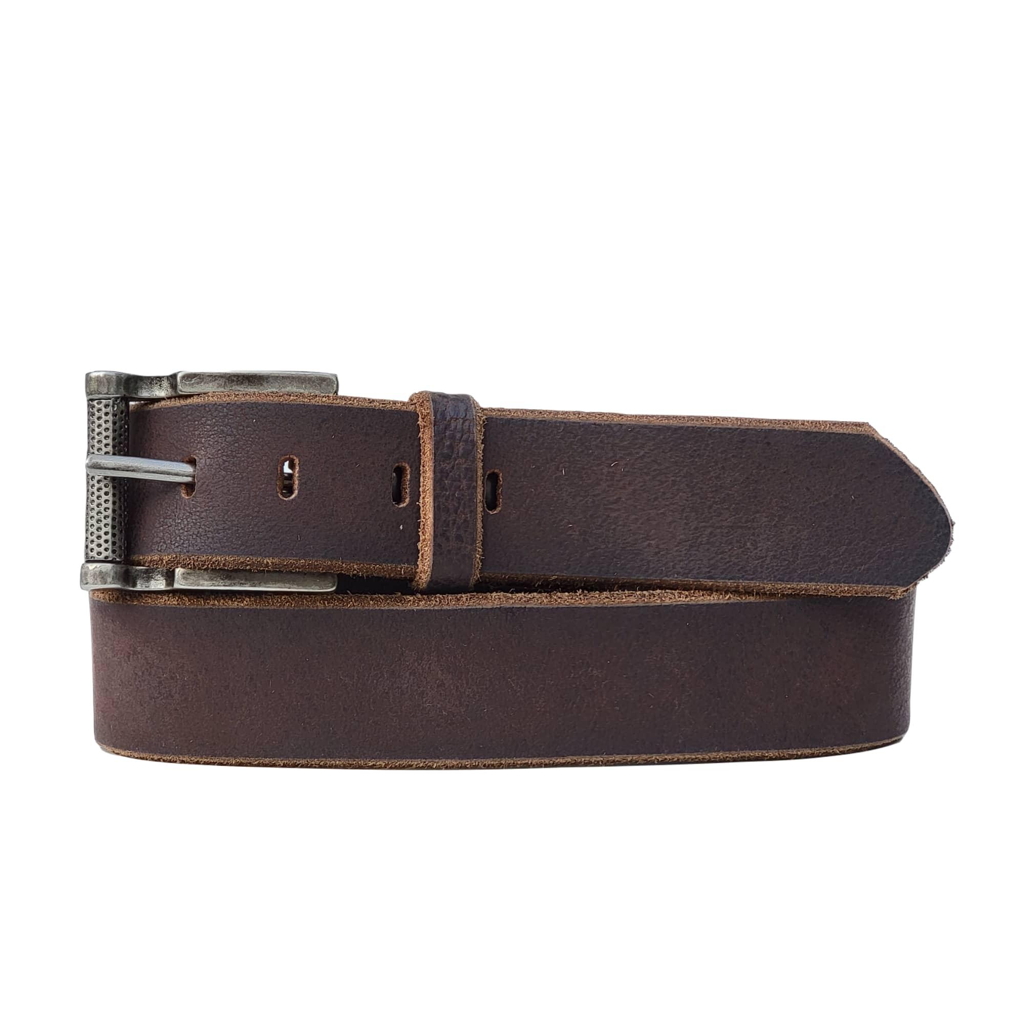 Brown leather belt with silver buckle, classic men's fashion accessory on white background