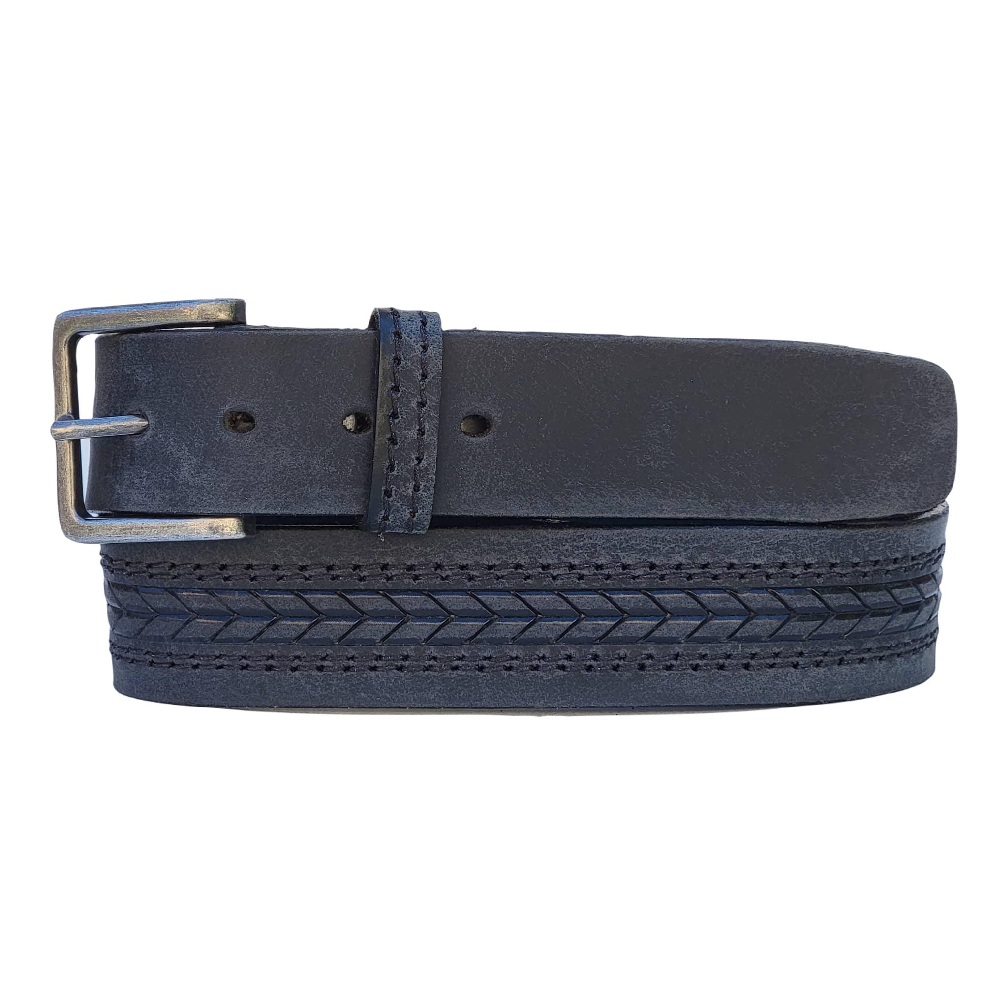 Black leather belt with silver buckle and decorative embossed pattern