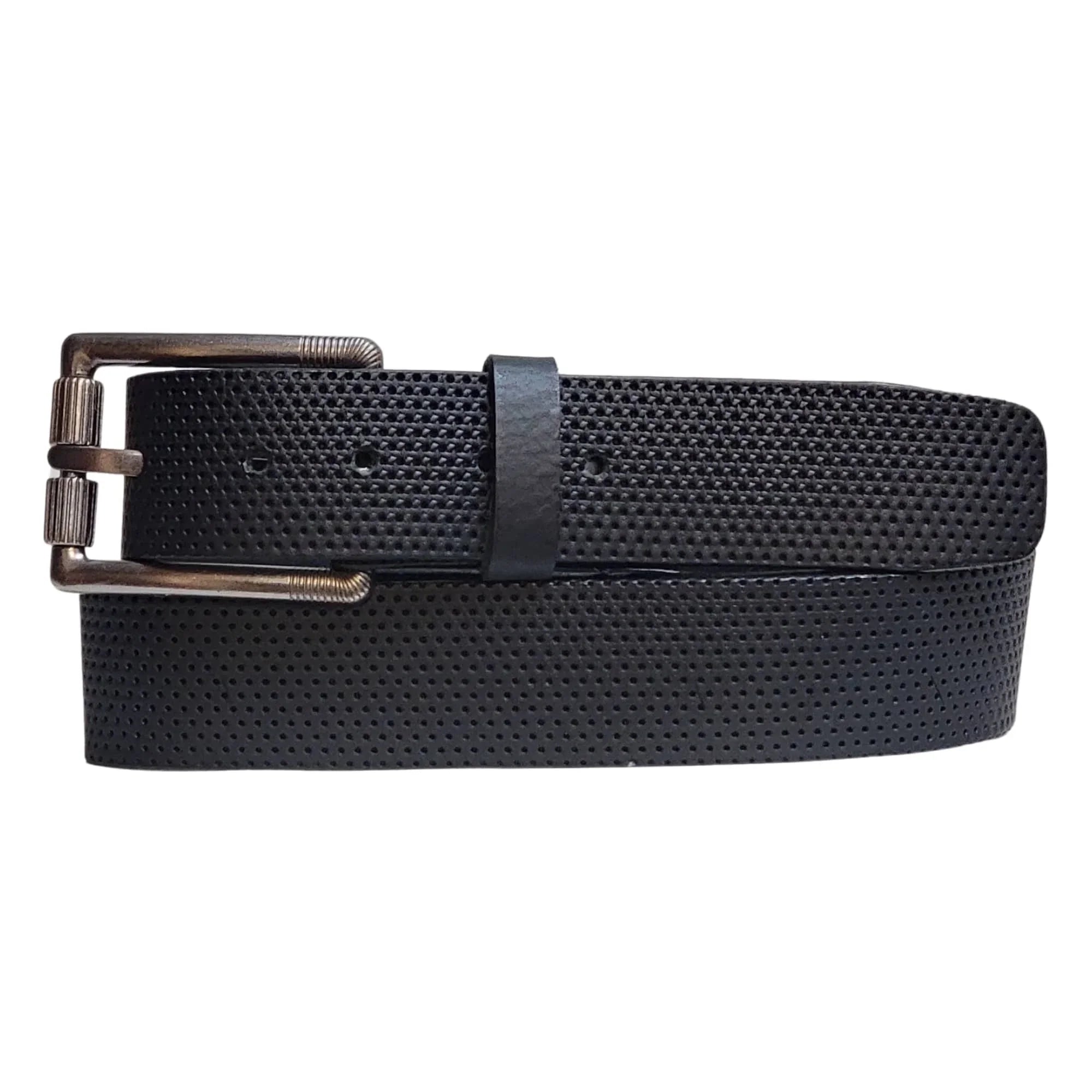 Black perforated leather belt with metal buckle on white background