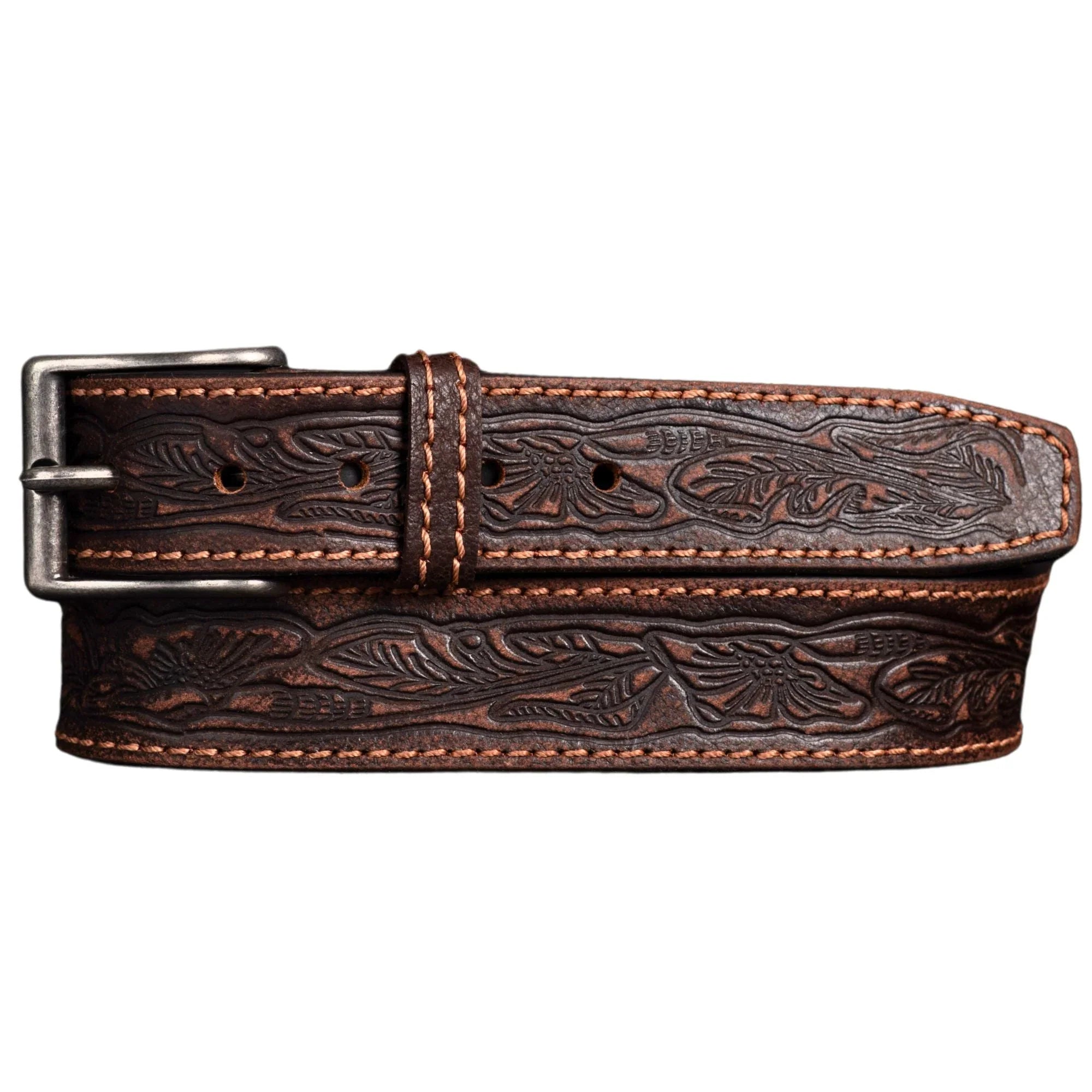 Embossed brown leather belt with floral pattern and silver buckle