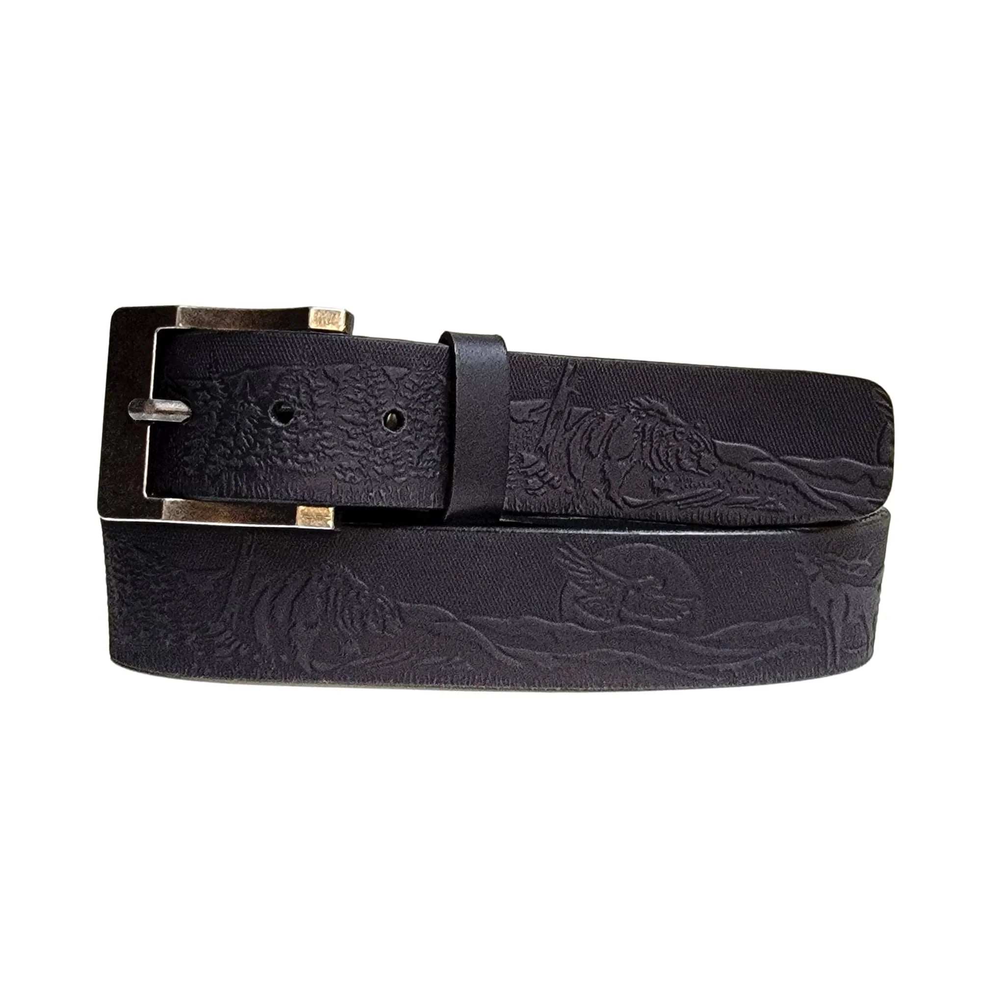Black leather belt with embossed wildlife and trees, metal buckle, western style accessory