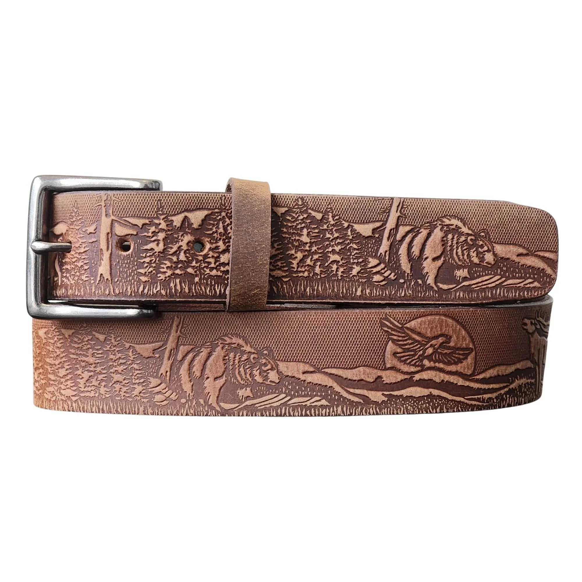 Brown leather belt with engraved bear, trees, and mountain scenic design