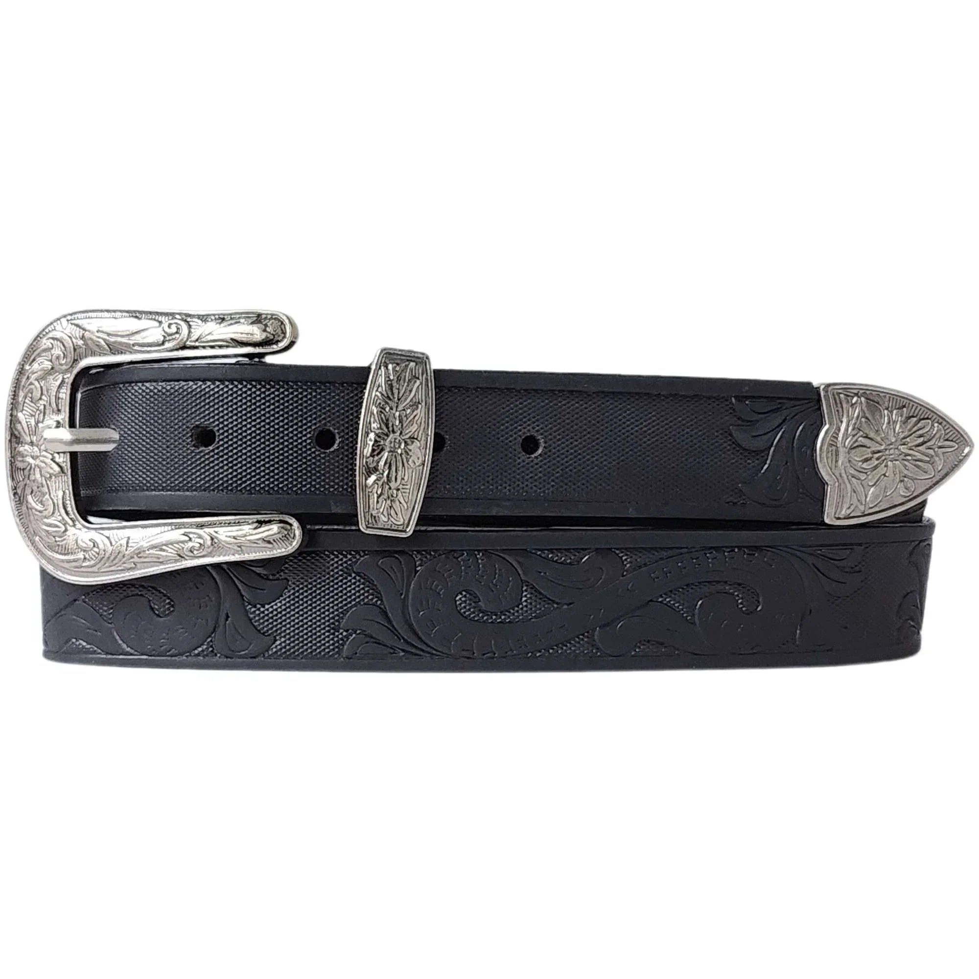 Black tooled leather western belt with ornate silver buckle and floral engraved tip