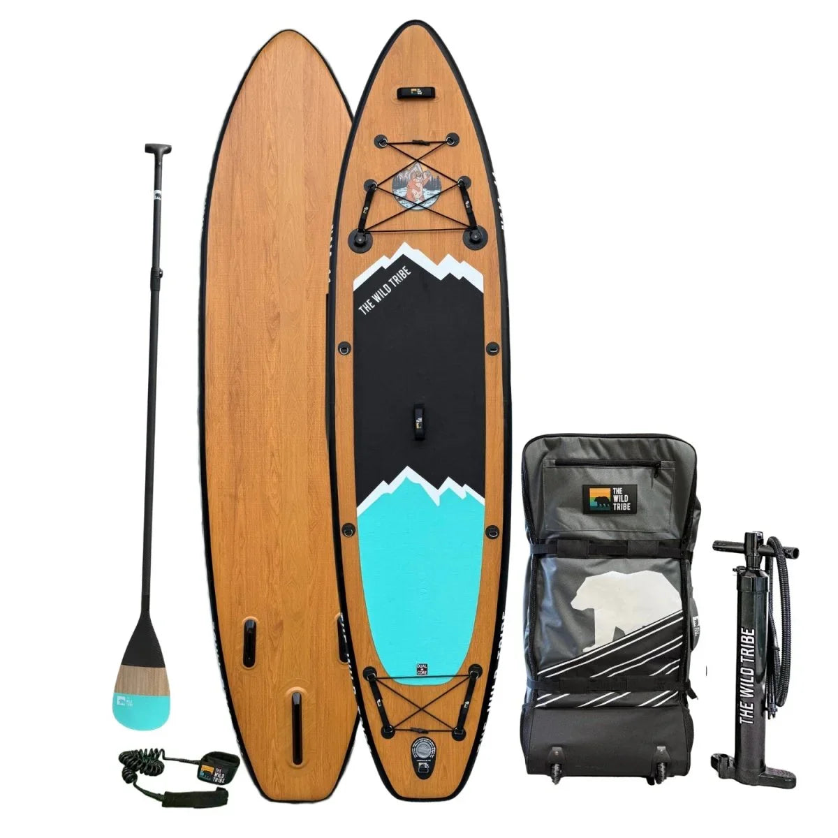 Naia 10 inflatable paddleboard kit with carbon paddle, pump, backpack, and leash, wood and turquoise design