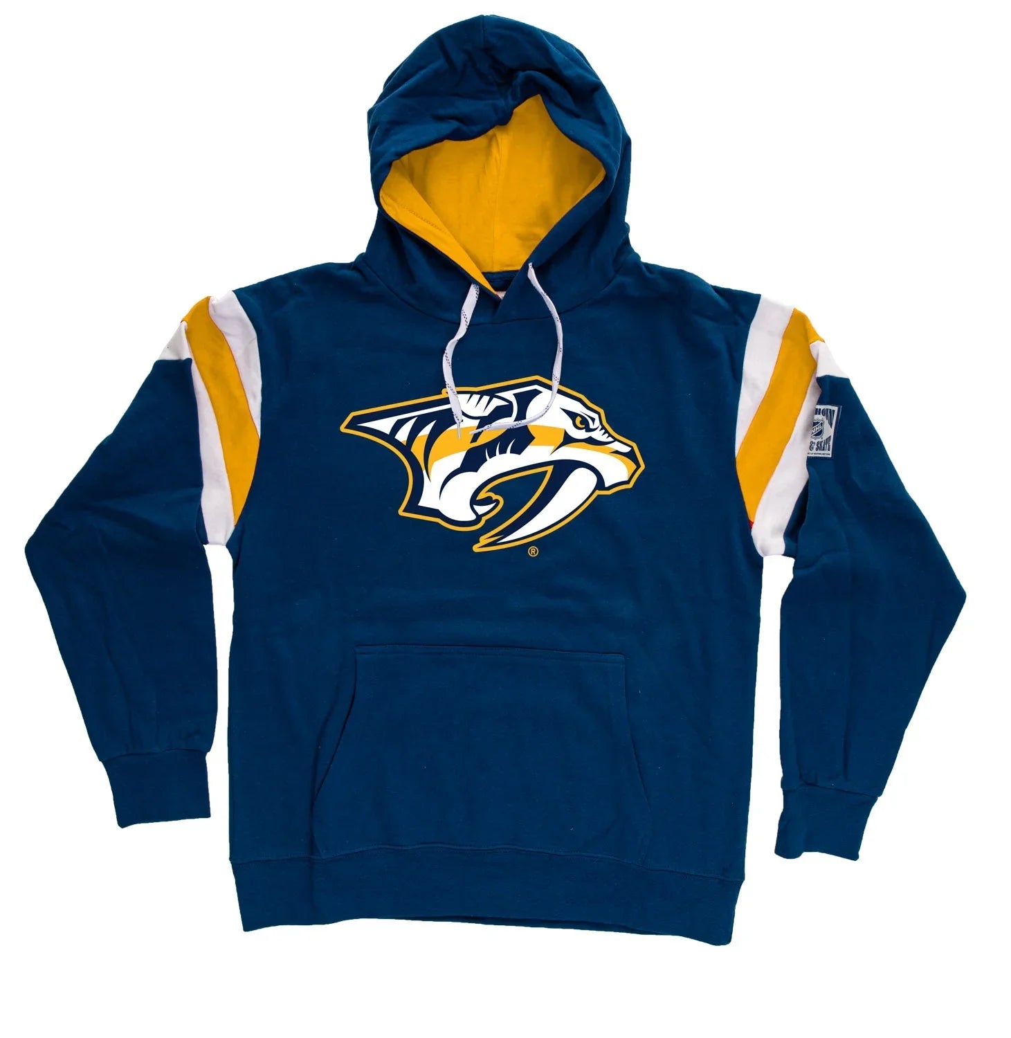 Nashville Predators varsity hoodie, navy with gold accents and team logo, front view