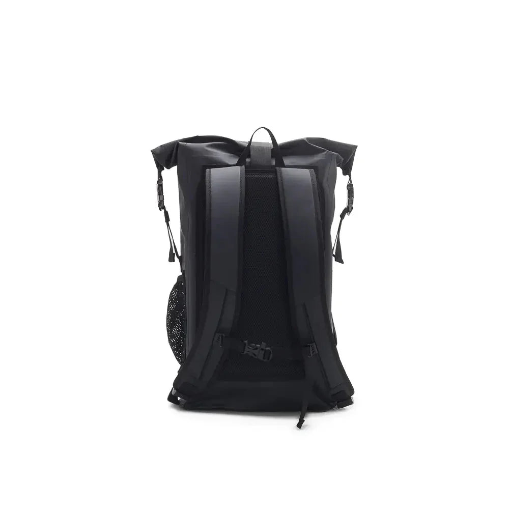 Black roll-top backpack with padded straps and side mesh pocket on white background