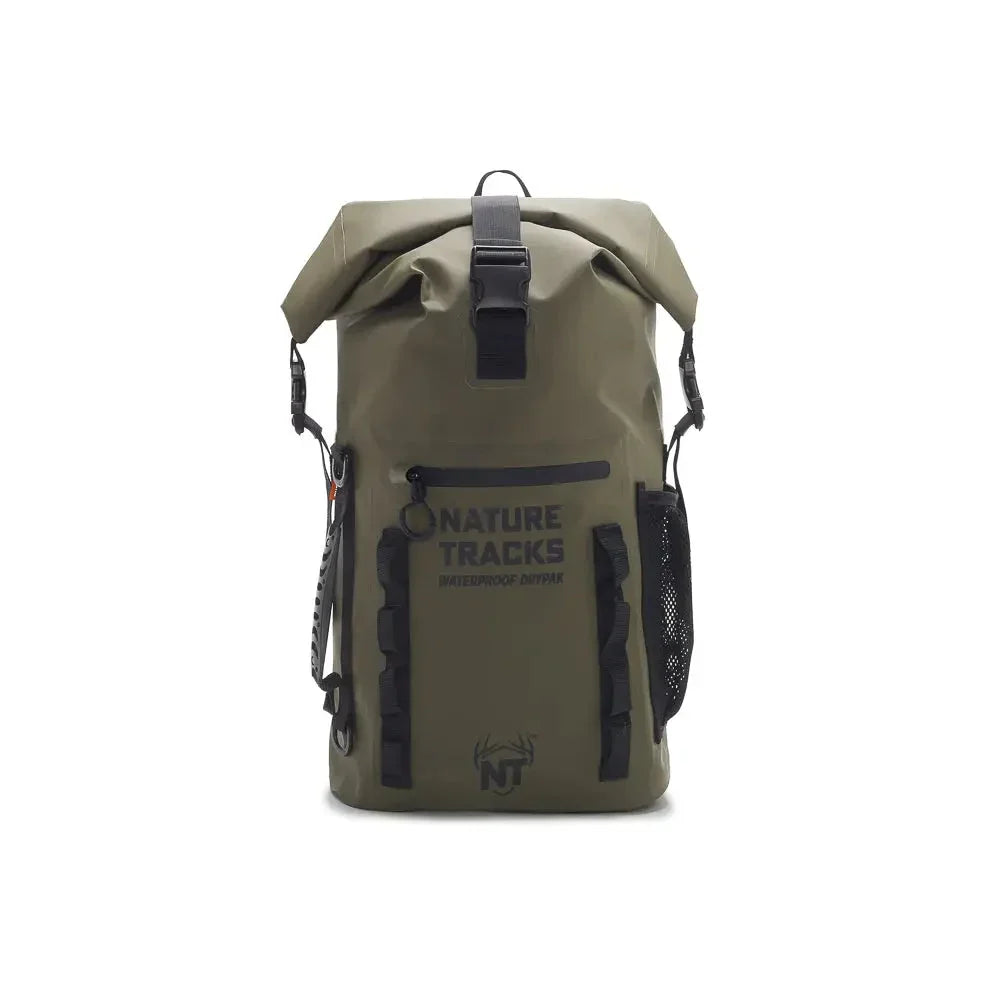 Nature Tracks waterproof backpack in olive green with front zipper and mesh side pocket