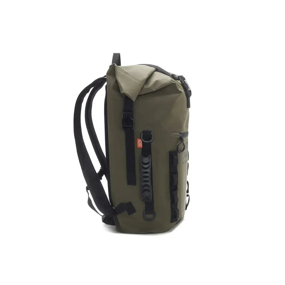 Olive green outdoor backpack with black straps, side view, minimalist design on white background