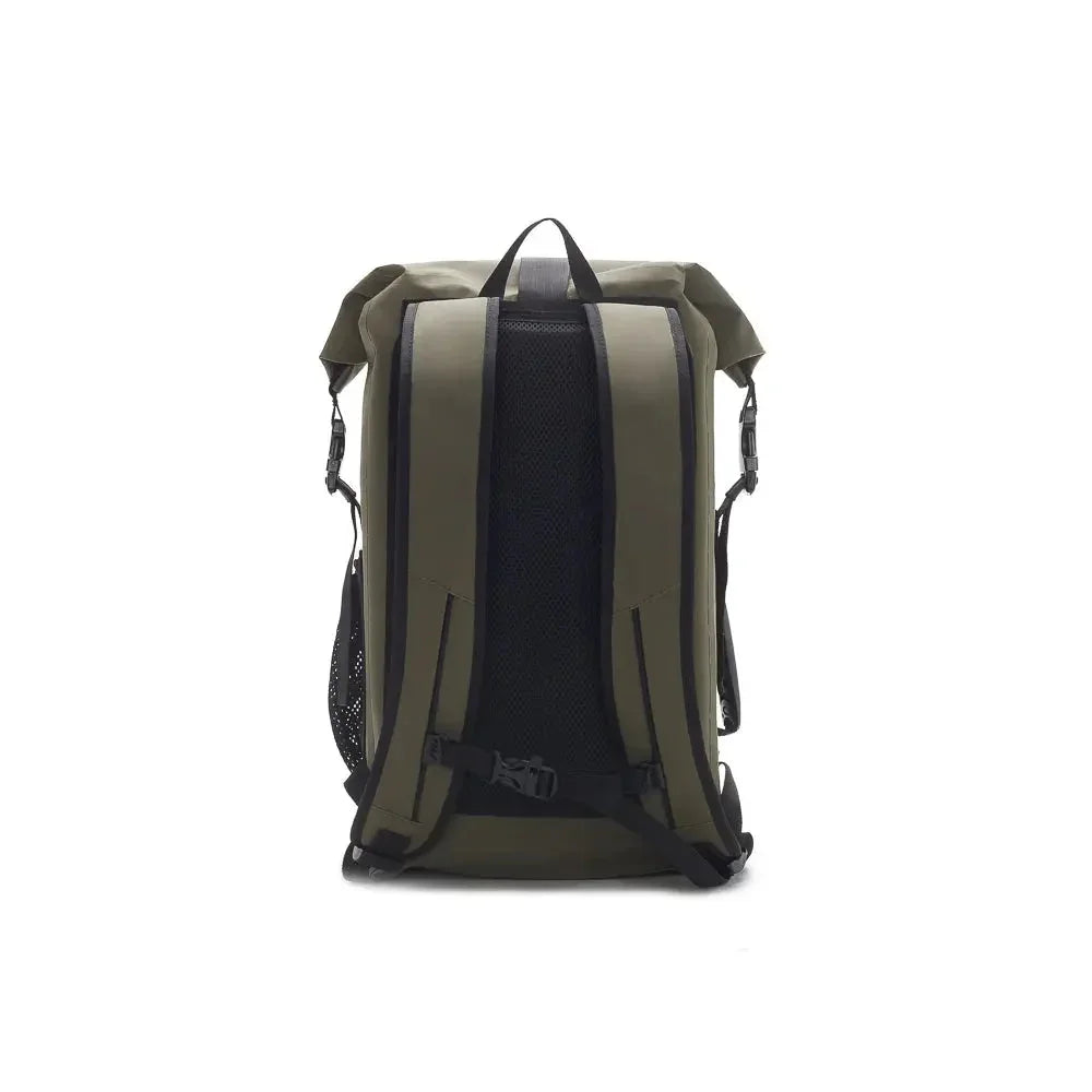 Olive green roll-top backpack with padded straps and mesh back panel on white background