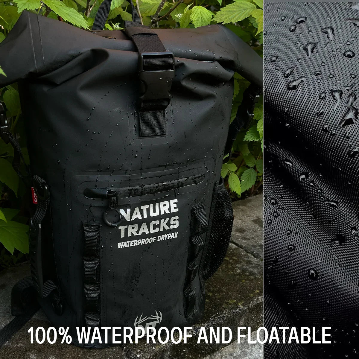 Black Nature Tracks waterproof dry bag backpack with water droplets outdoors