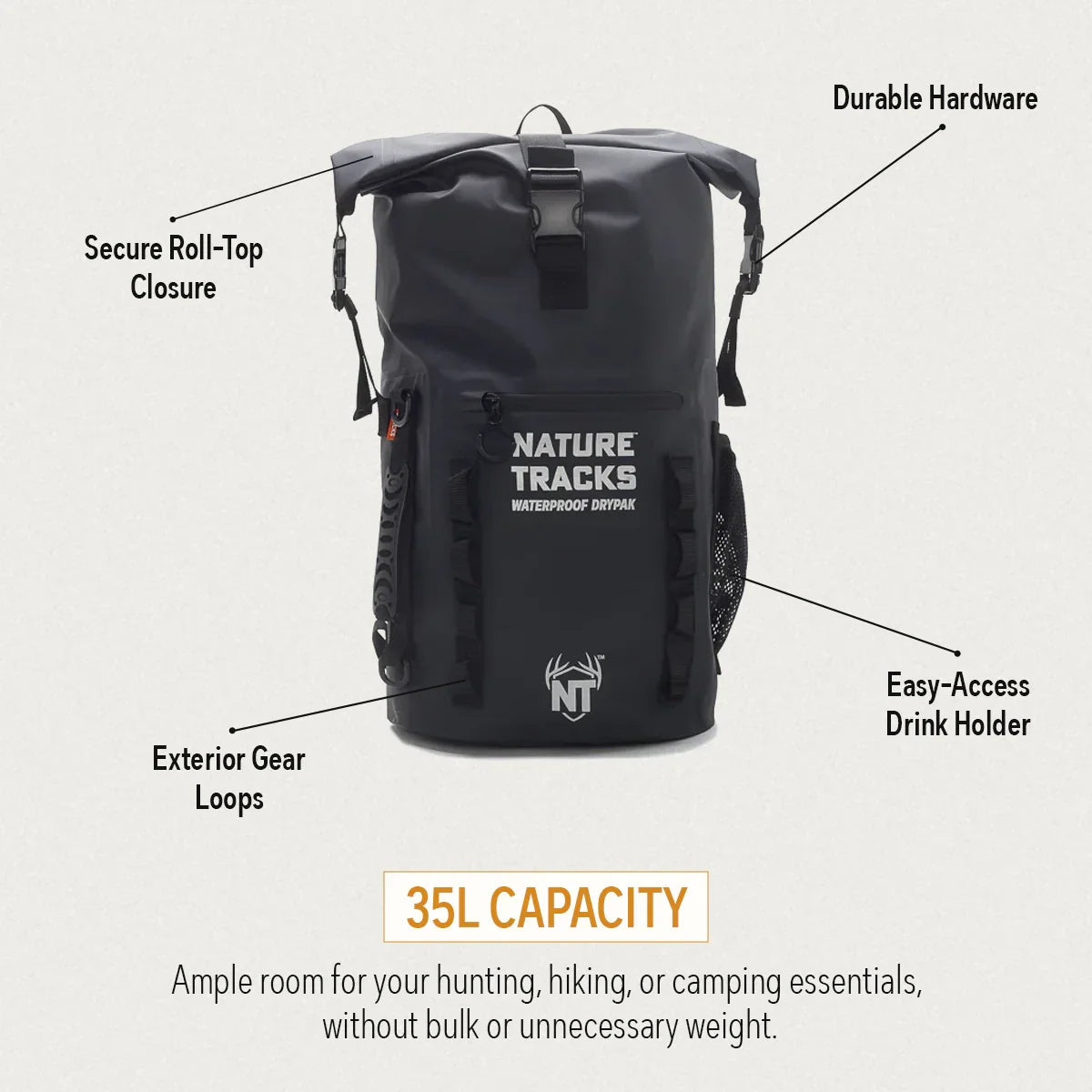 Black waterproof backpack with roll-top closure, exterior gear loops, drink holder, and Nature Tracks logo.