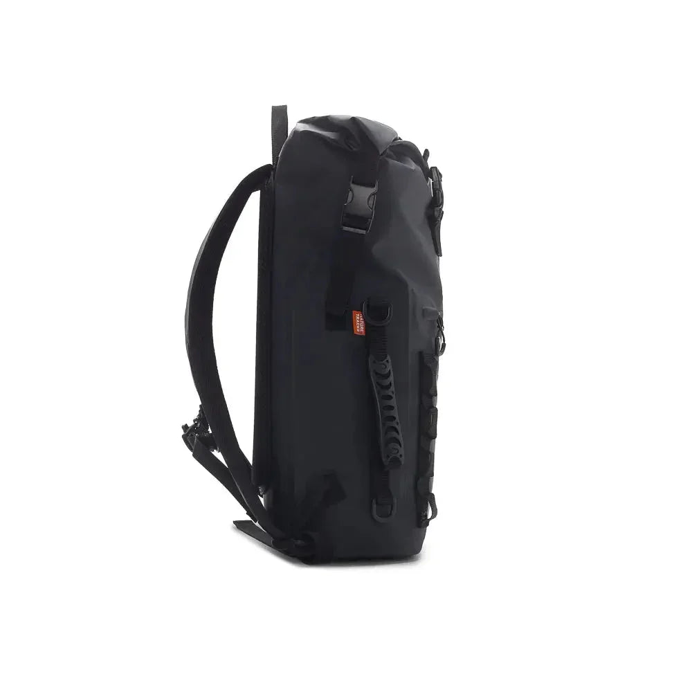 Black waterproof backpack with top buckle and side handle on white background