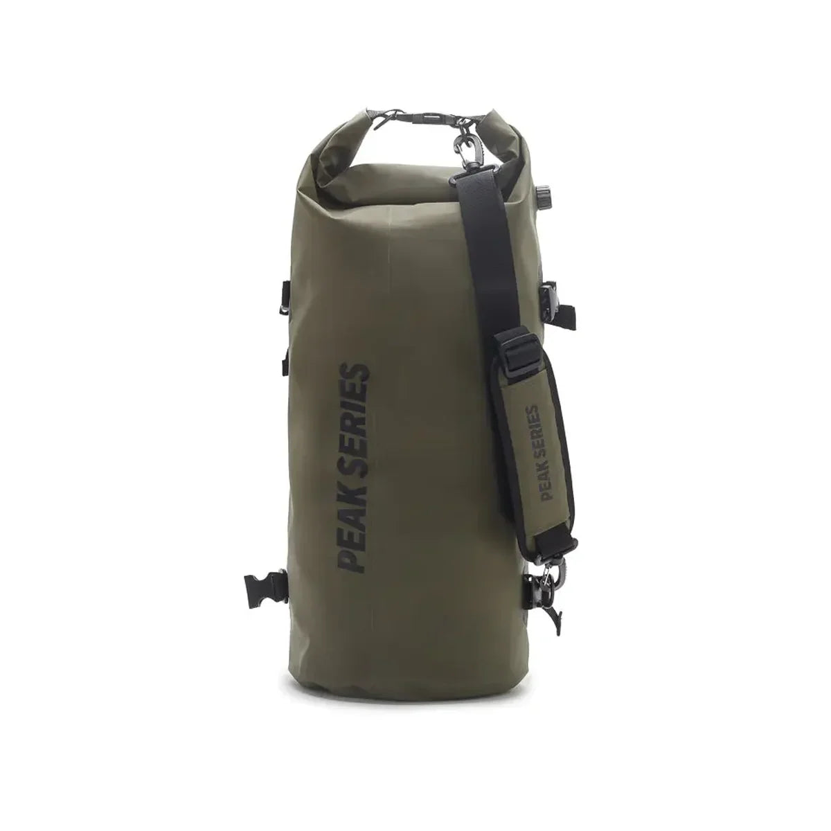 Olive green PEAK SERIES waterproof duffel bag with black strap on white background