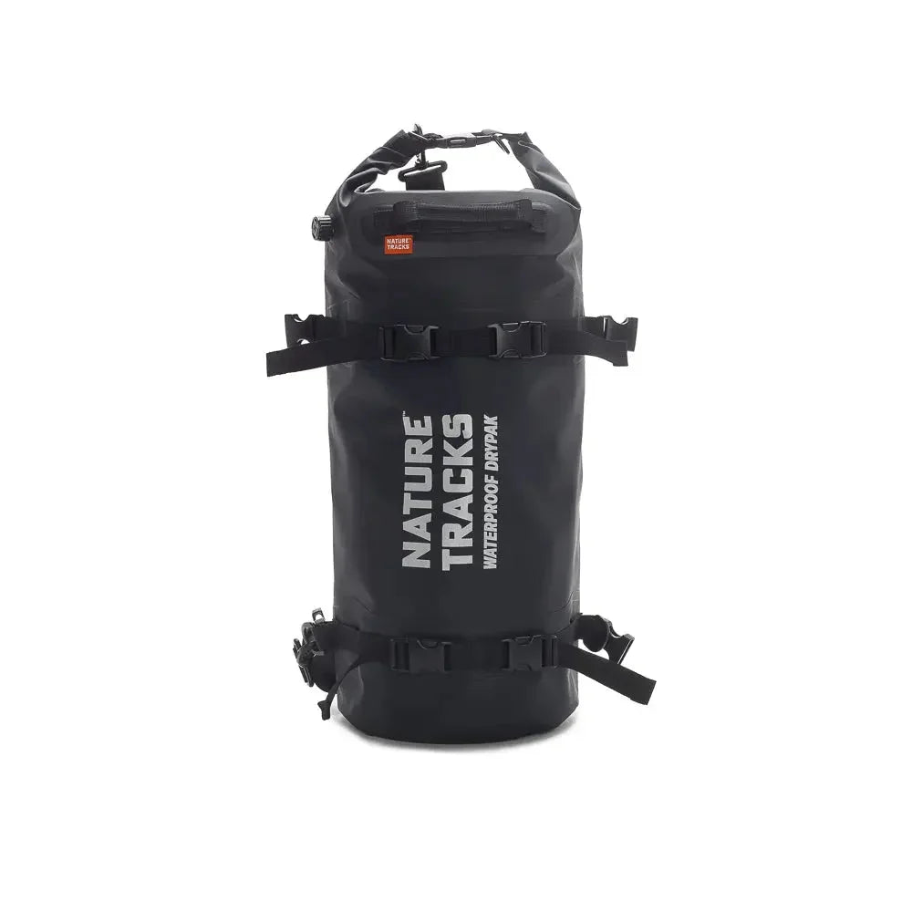 Nature Tracks black waterproof dry bag with buckles on white background