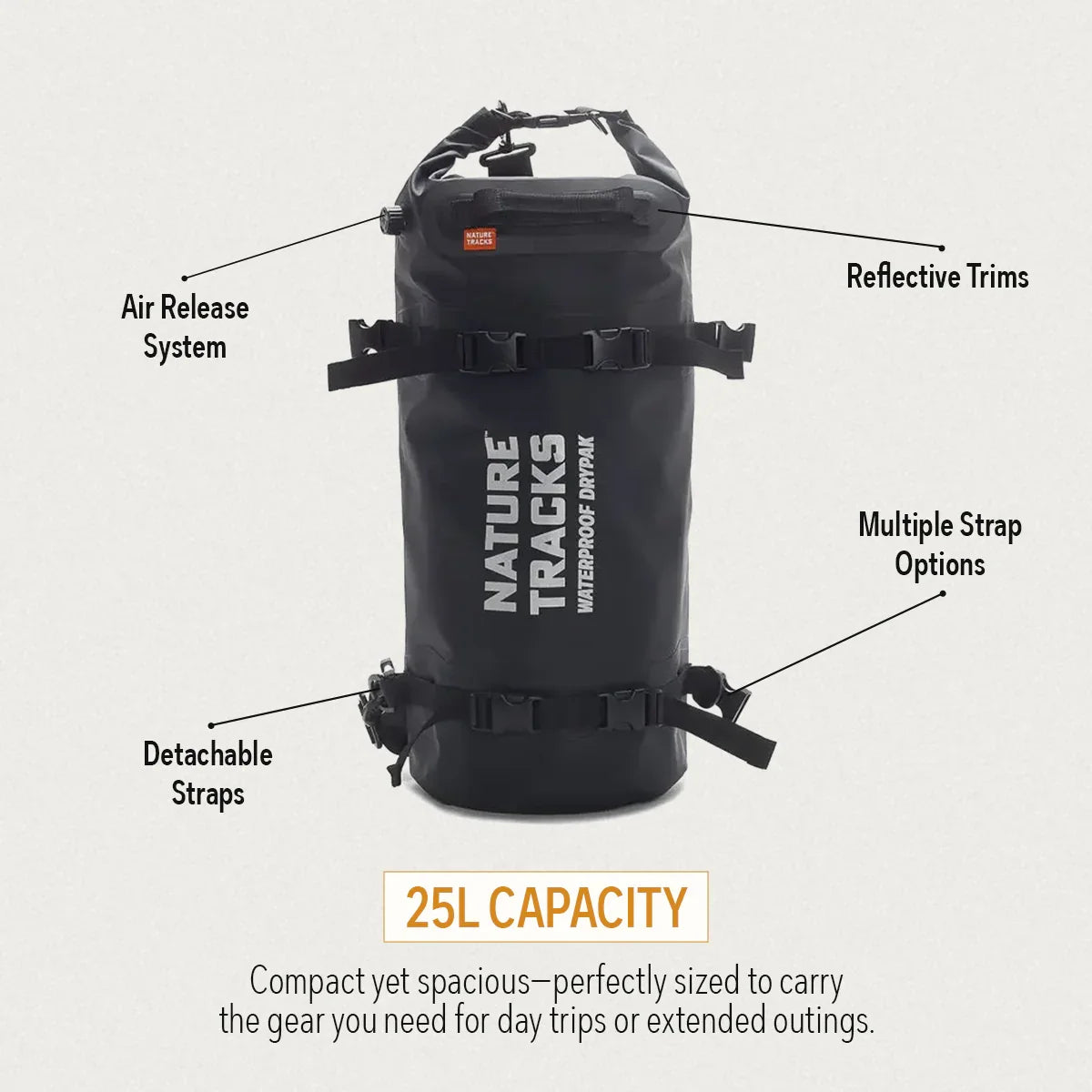 Black Nature Tracks waterproof backpack with 25L capacity, detachable straps, and reflective trims.