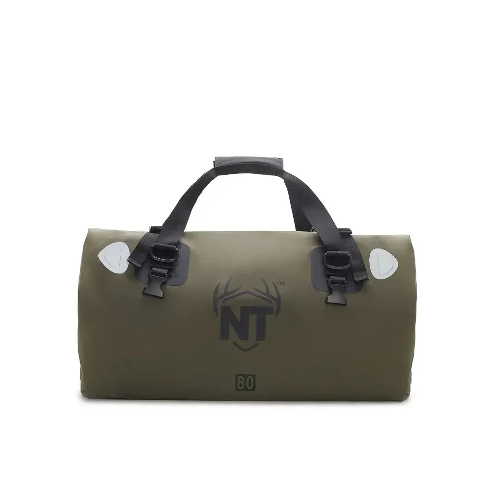 Olive green waterproof duffel bag with NT logo, black handles, and side buckles on white background.