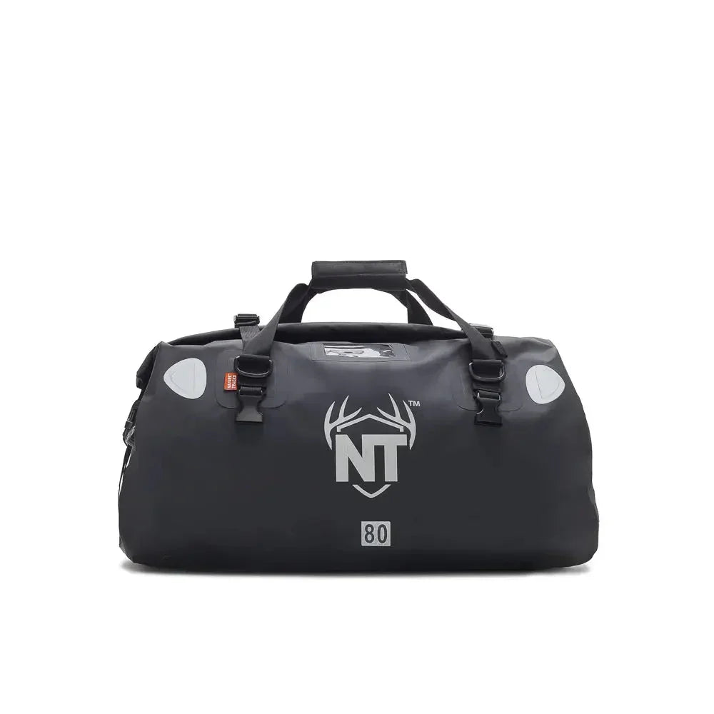 Black duffel bag with NT logo, antler design, and 80L capacity on white background
