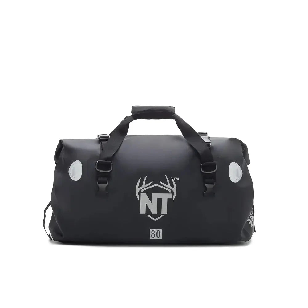 Black NT duffel bag with antler logo, carrying handles, and buckles, product photo