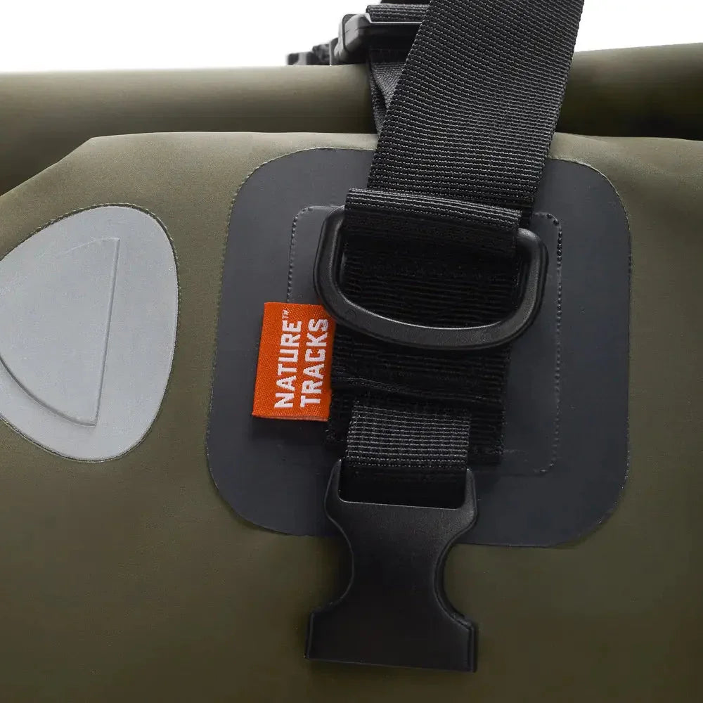 Nature Tracks waterproof dry bag buckle and black strap close-up, olive green color