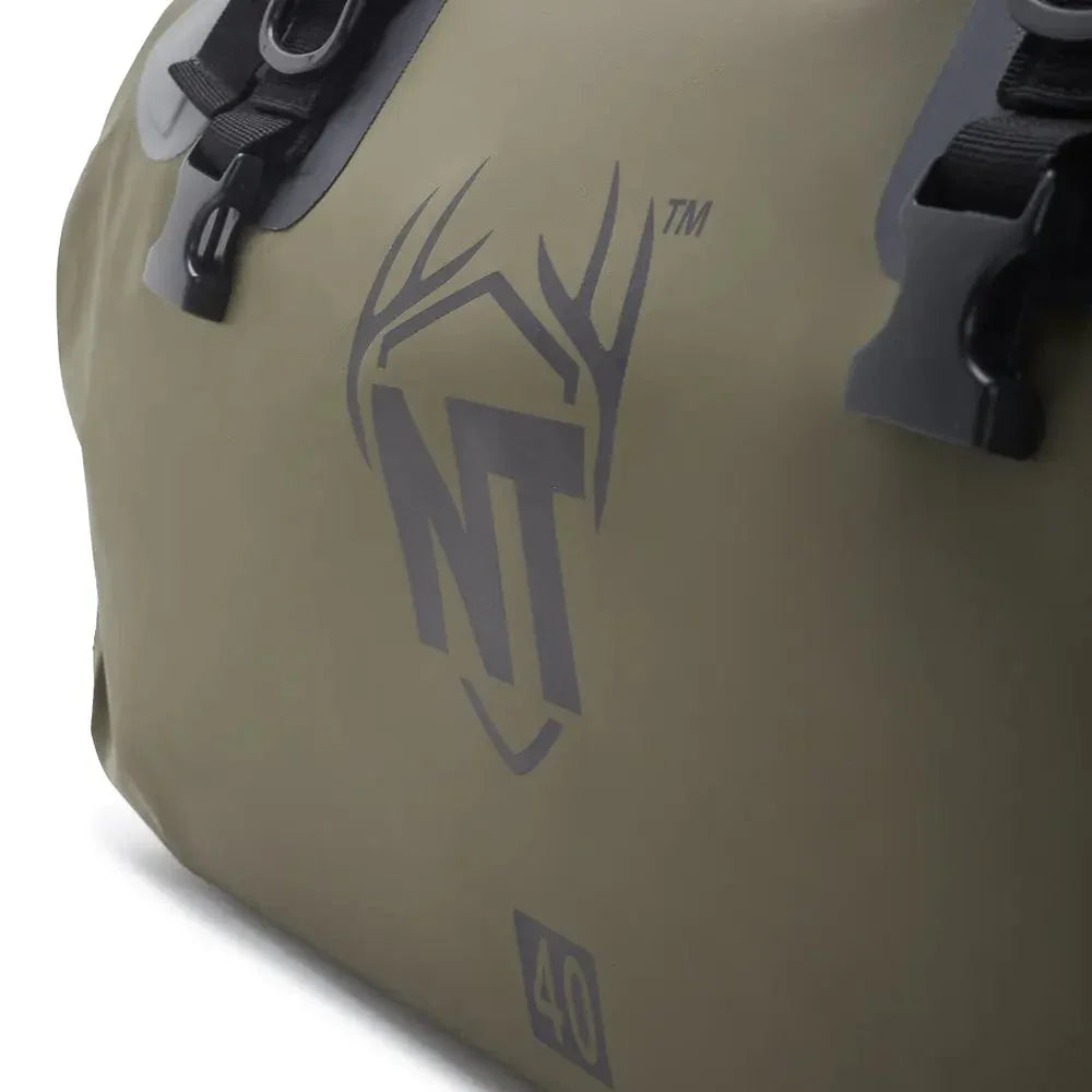 Close-up of olive green Nature Tracks waterproof duffel bag with logo and 40L marking