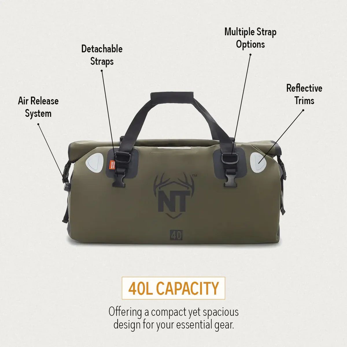 Olive green 40L duffel bag with NT logo, detachable straps, reflective trims, and air release system.