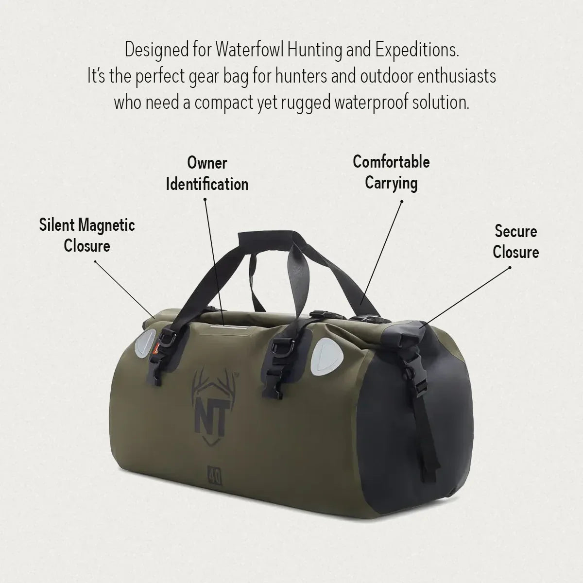 Olive green waterproof gear bag with black straps, labeled features for hunting and expeditions
