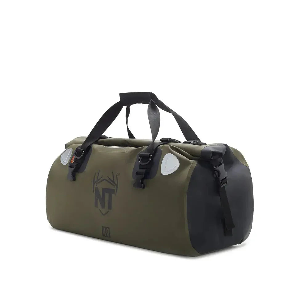 Olive green waterproof duffel bag with black straps, NT deer logo, and reinforced ends