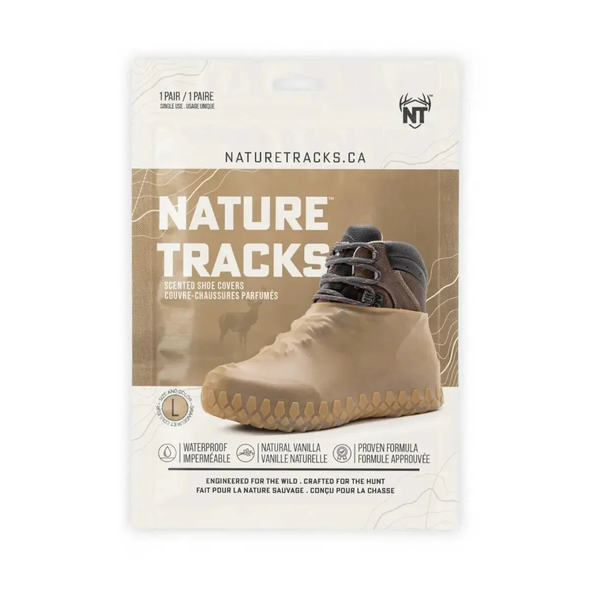 Nature Tracks vanilla scented waterproof shoe covers packaging with a brown boot