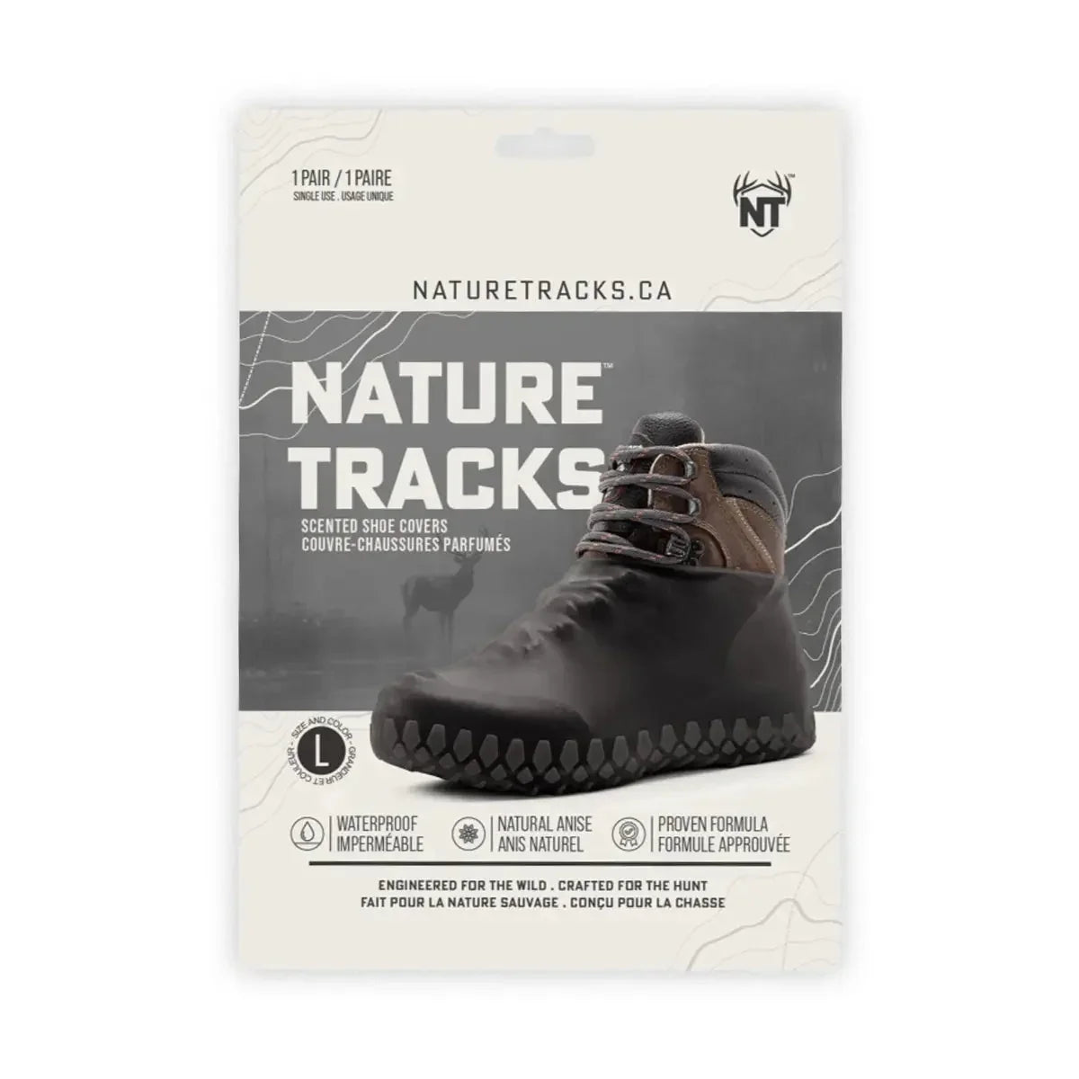 Nature Tracks waterproof scented shoe covers packaging with boot image and outdoor design.