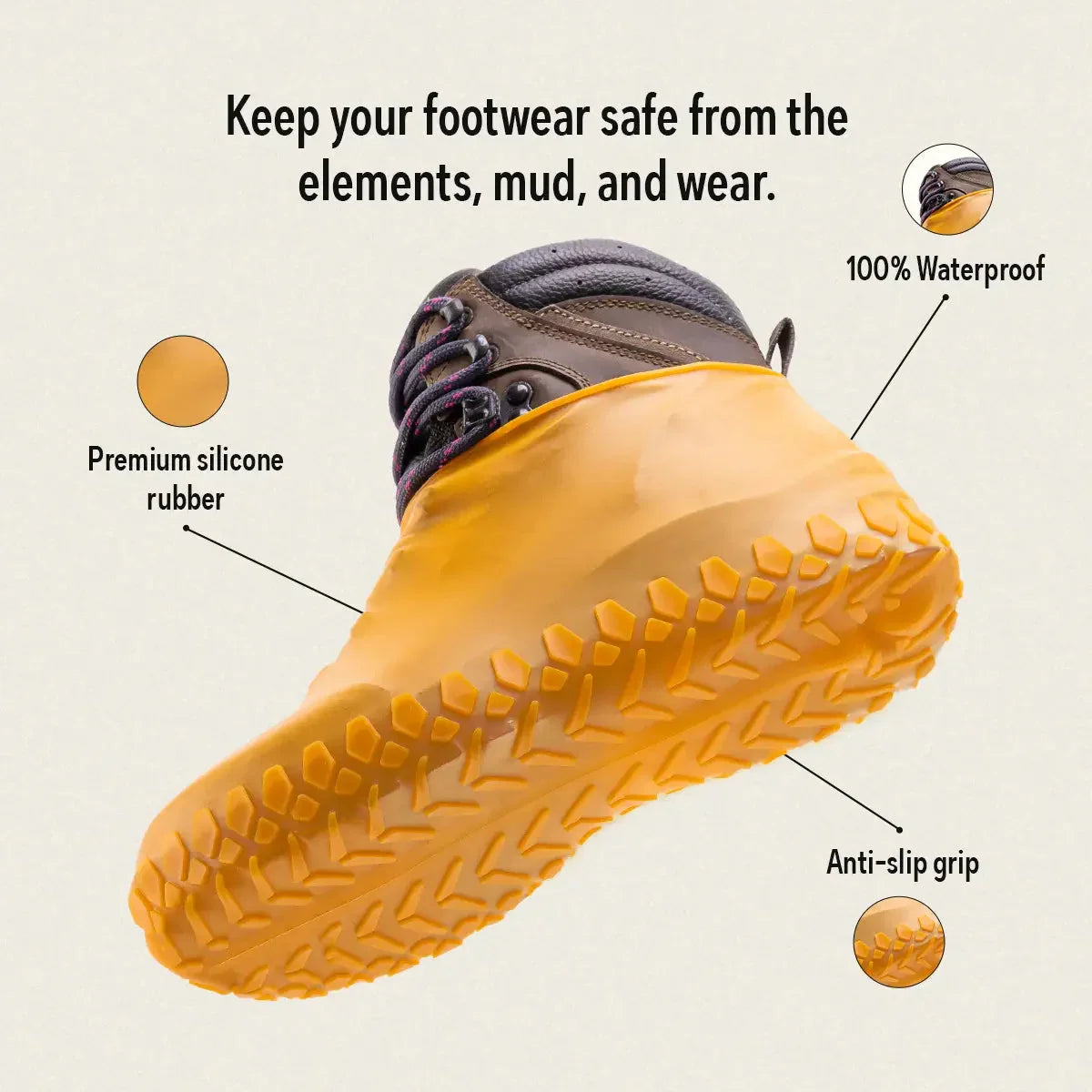 Yellow silicone waterproof shoe cover with anti-slip grip on hiking boot, mud protection