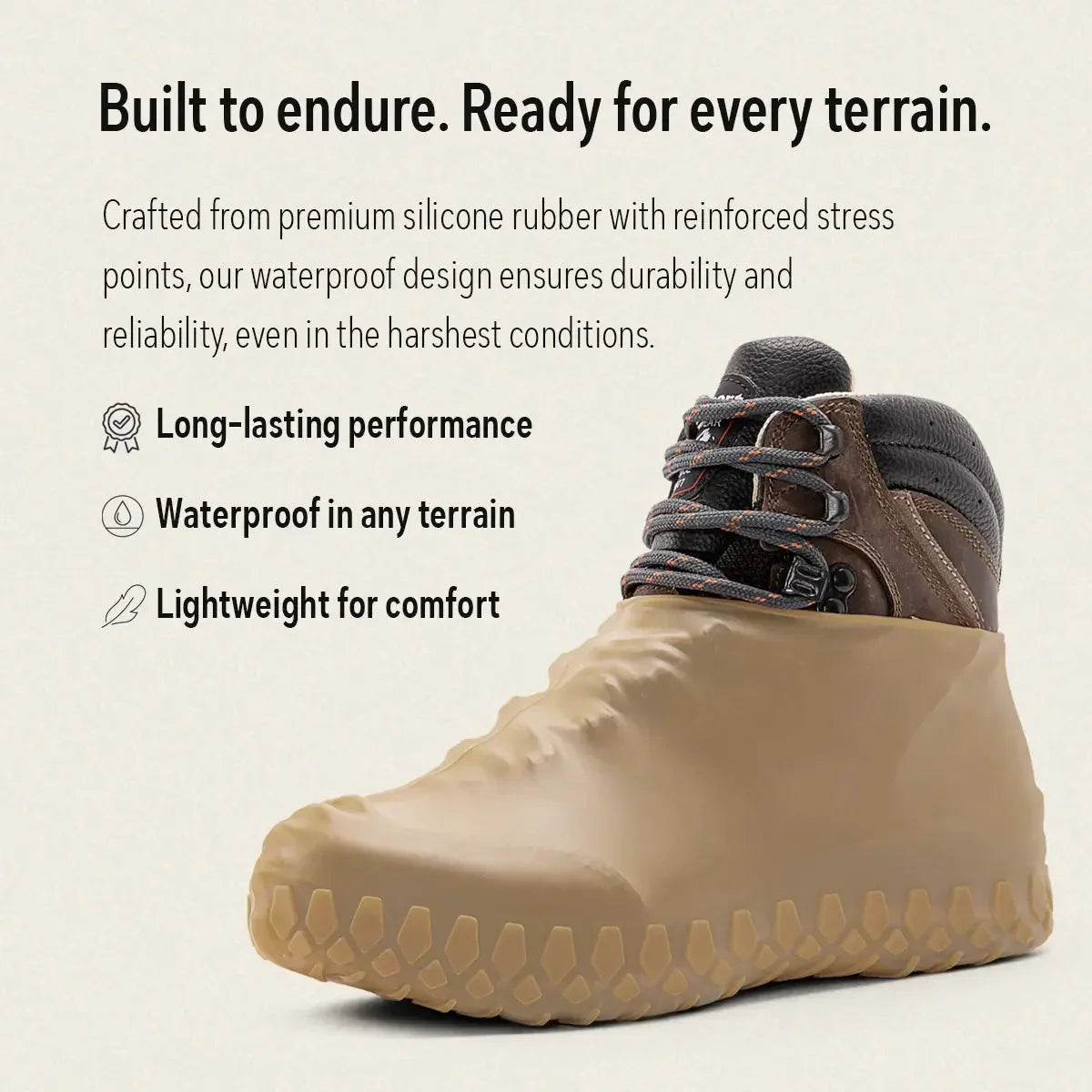 Brown hiking boot covered by tan silicone waterproof shoe cover on light background