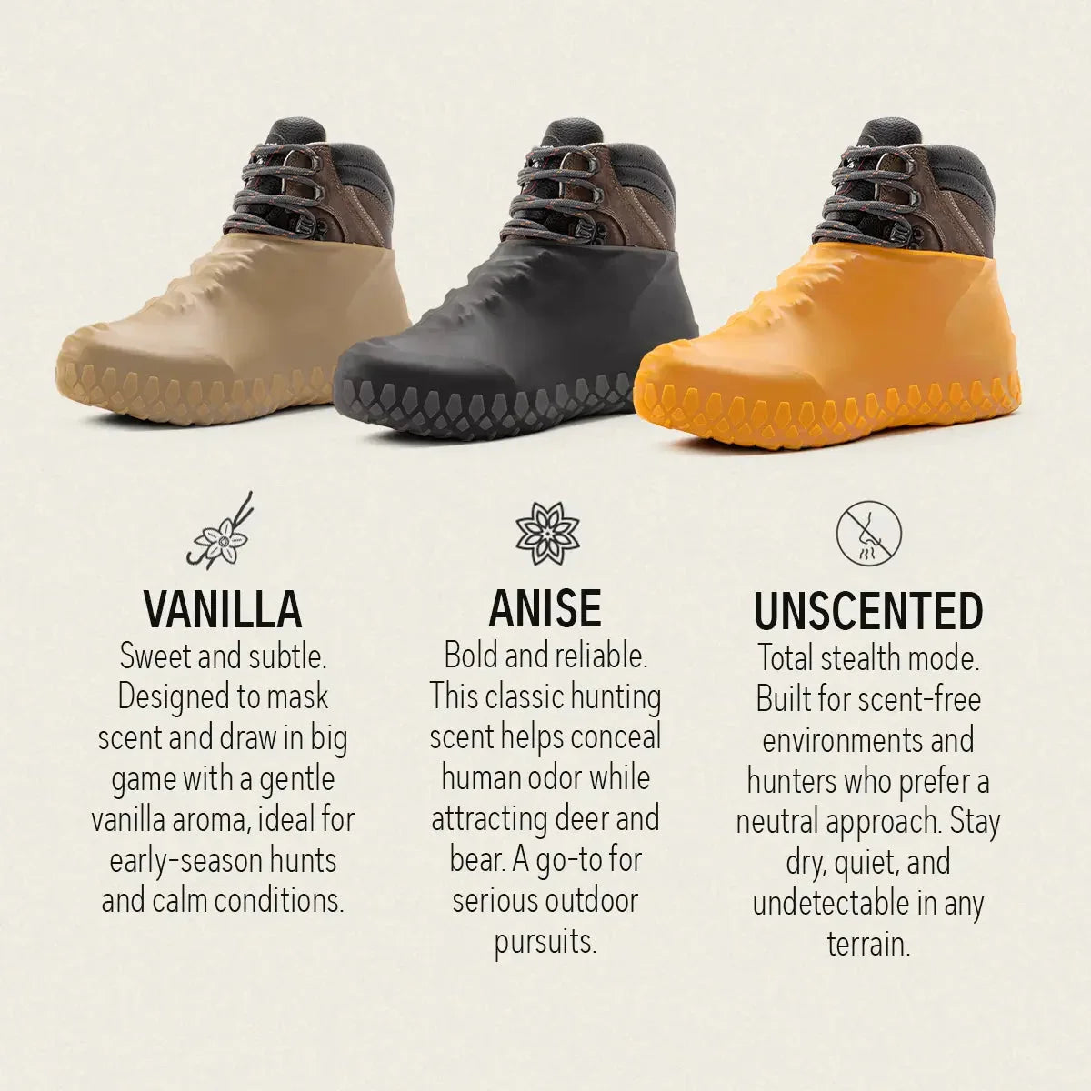 Three hunting shoe covers in tan, black, and orange with Vanilla, Anise, and Unscented options.