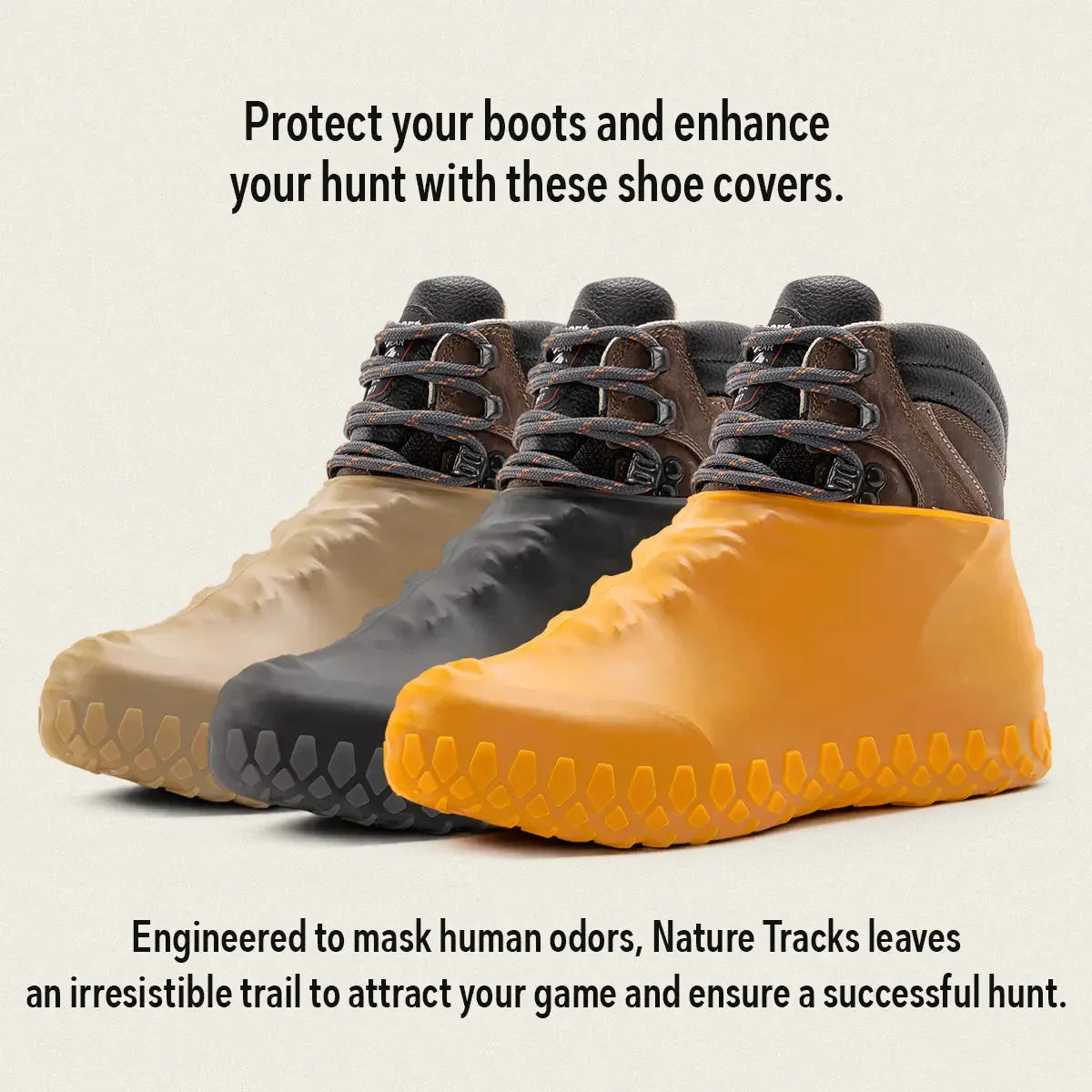 Three hiking boots with brown, black, and orange waterproof shoe covers for hunting protection.