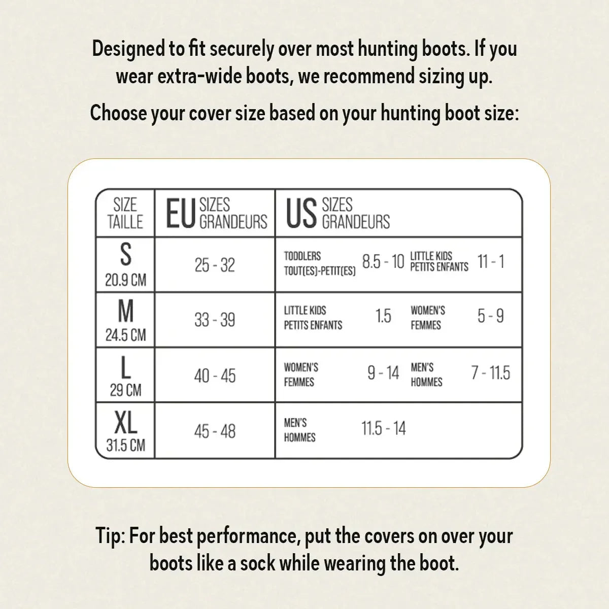 Hunting boot cover sizing chart with US and EU sizes for S to XL, fitting tips included.