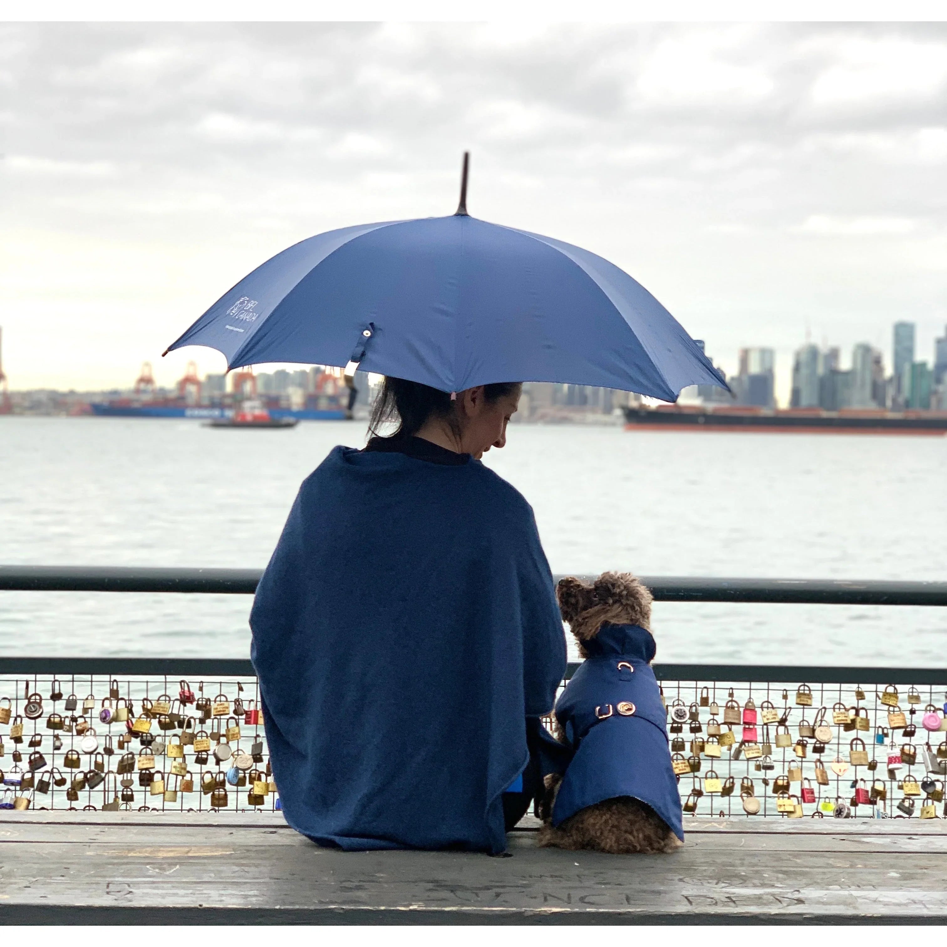 Woman and dog in blue coats under umbrella by waterfront with city skyline and love locks