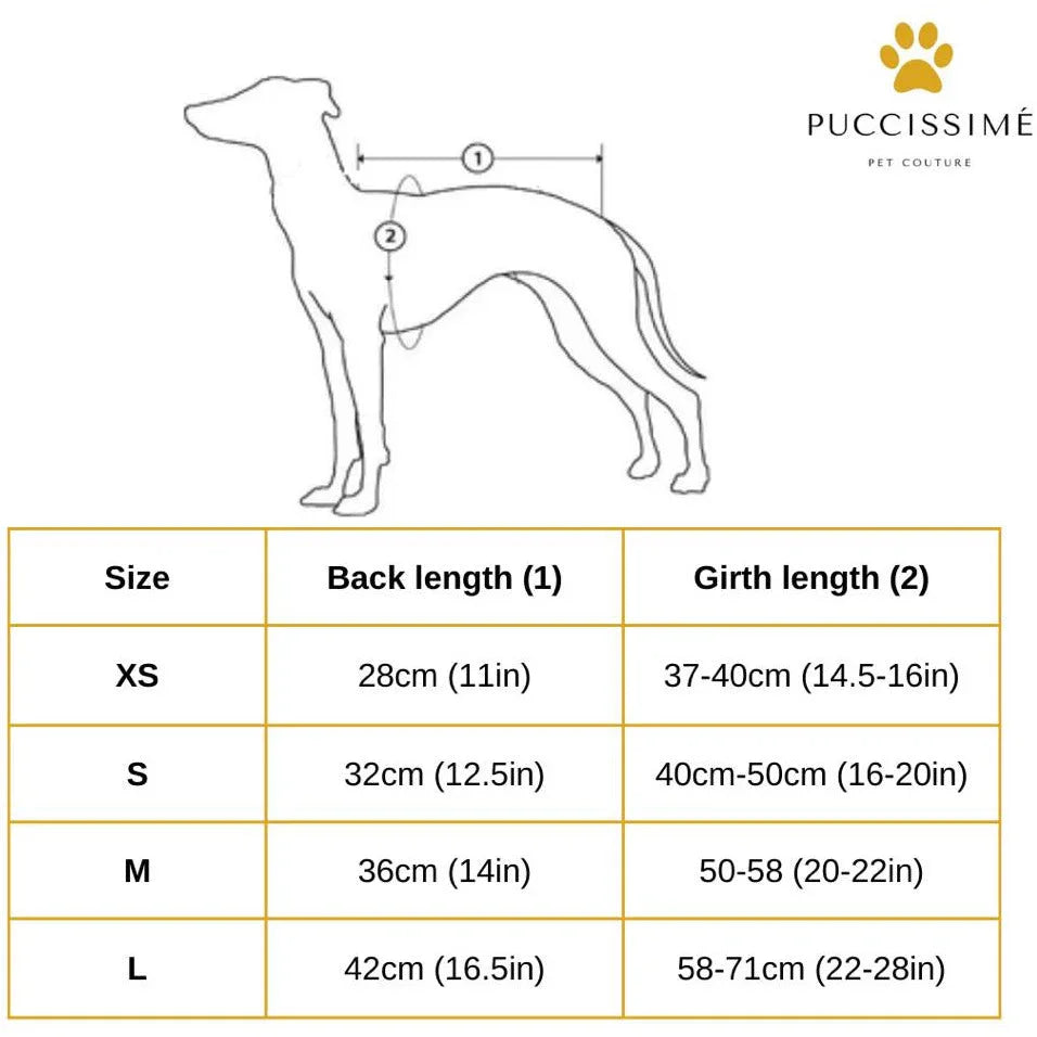 Dog clothing size chart with measurements for XS to L by Puccissime Pet Couture