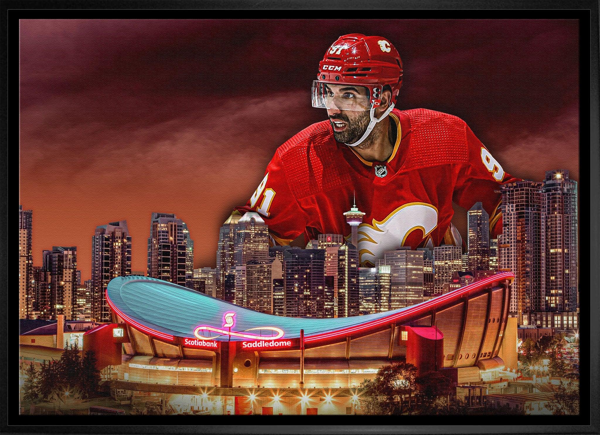 Calgary Flames hockey player in red jersey above Scotiabank Saddledome and Calgary skyline