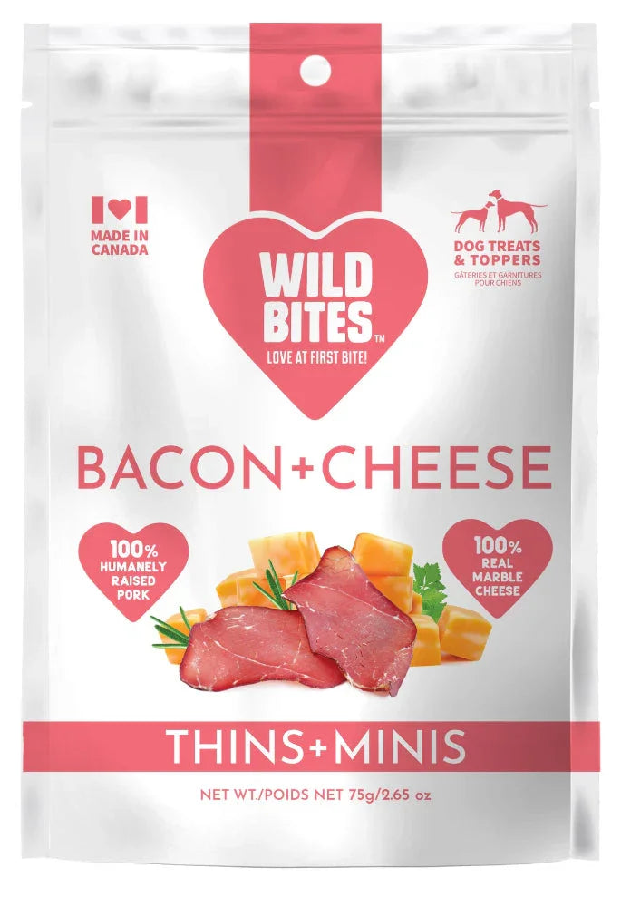 Wild Bites Bacon and Cheese dog treats bag with bacon, cheese, and branding visible