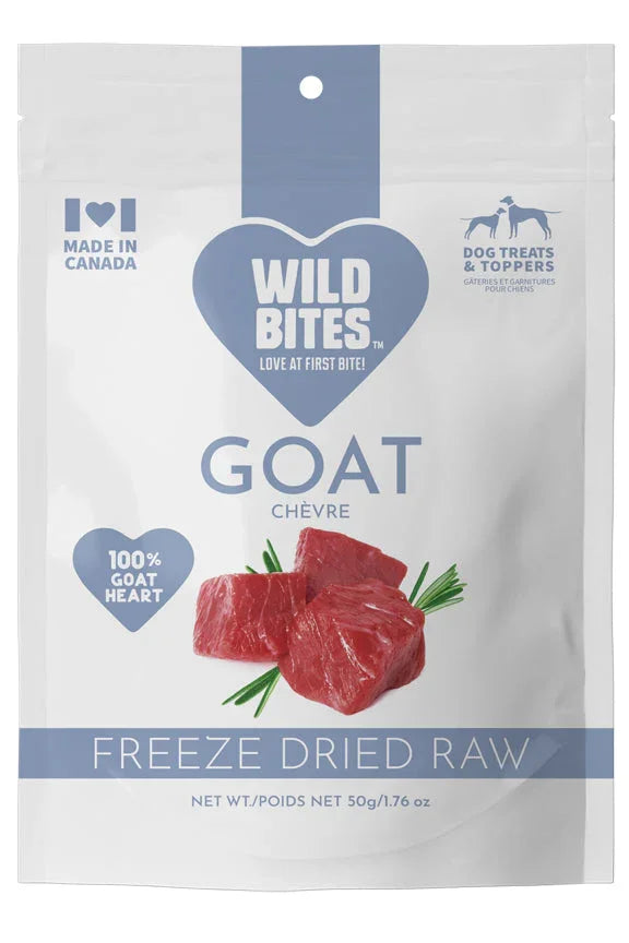 Wild Bites freeze dried raw goat heart dog treats, 50g resealable bag, made in Canada