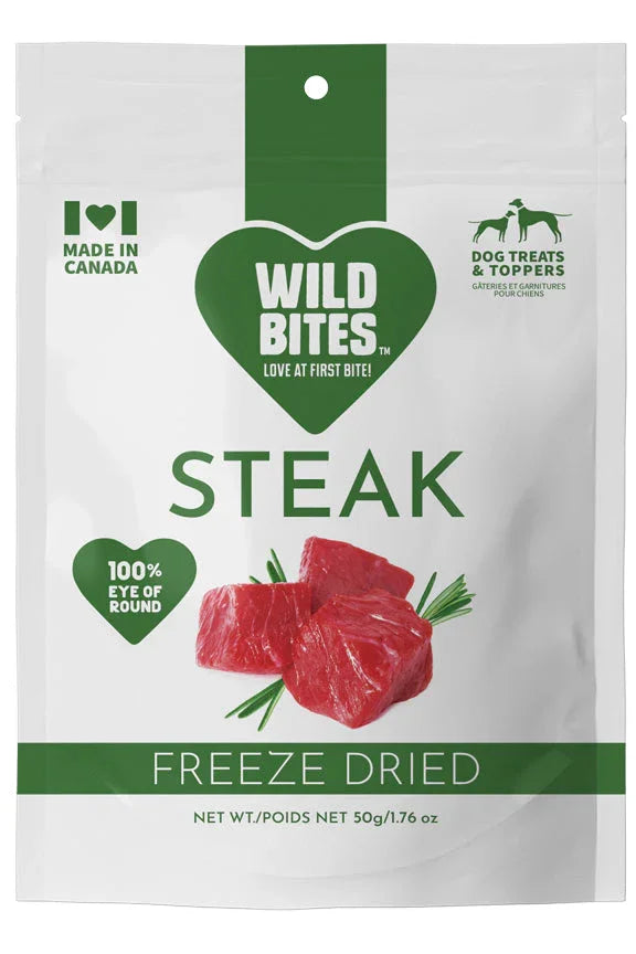 Wild Bites freeze dried steak dog treats, made in Canada, 100% eye of round, 50g bag