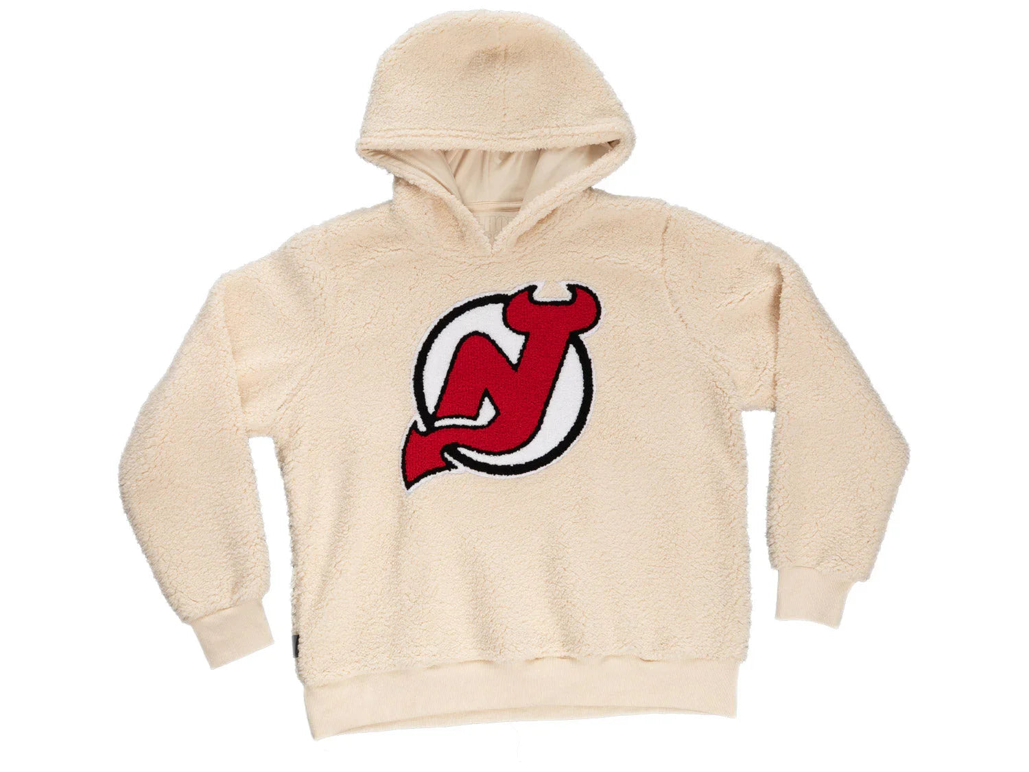 Cream sherpa hoodie with large red and black hockey team logo on front